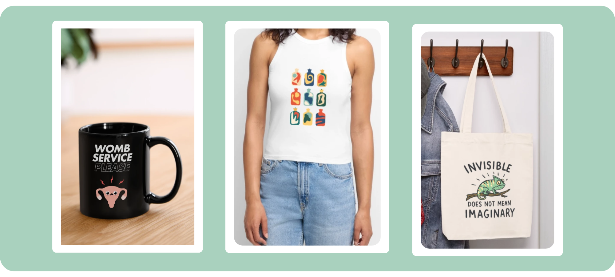 Beispielfotos von Produkten, die im Embracing Endo Shop erhältlich sind.