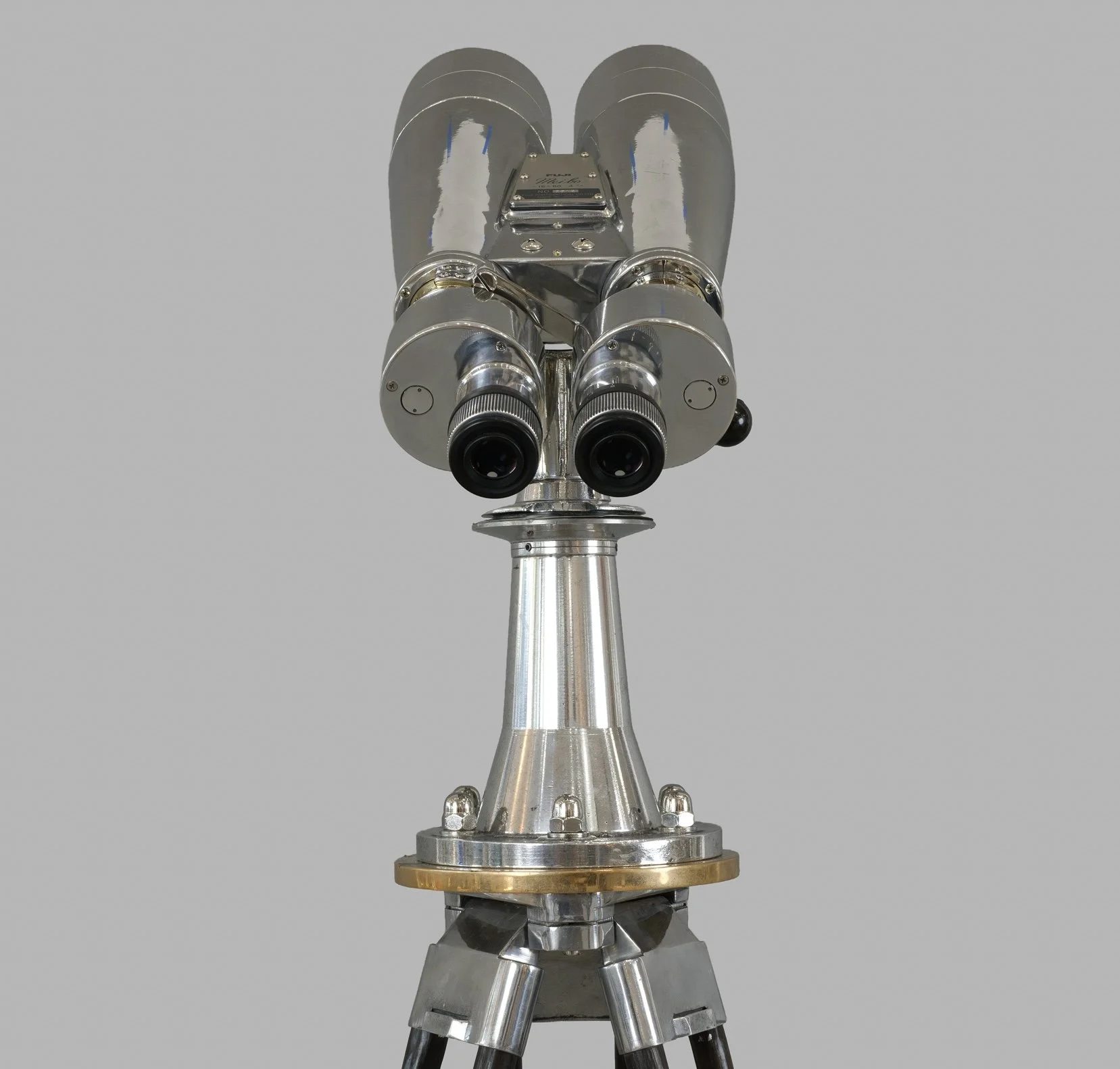 Fuji Meibo 15×80 naval binoculars front view, 80mm objectives and original Fuji Meibo nameplate — Daniels Antiques