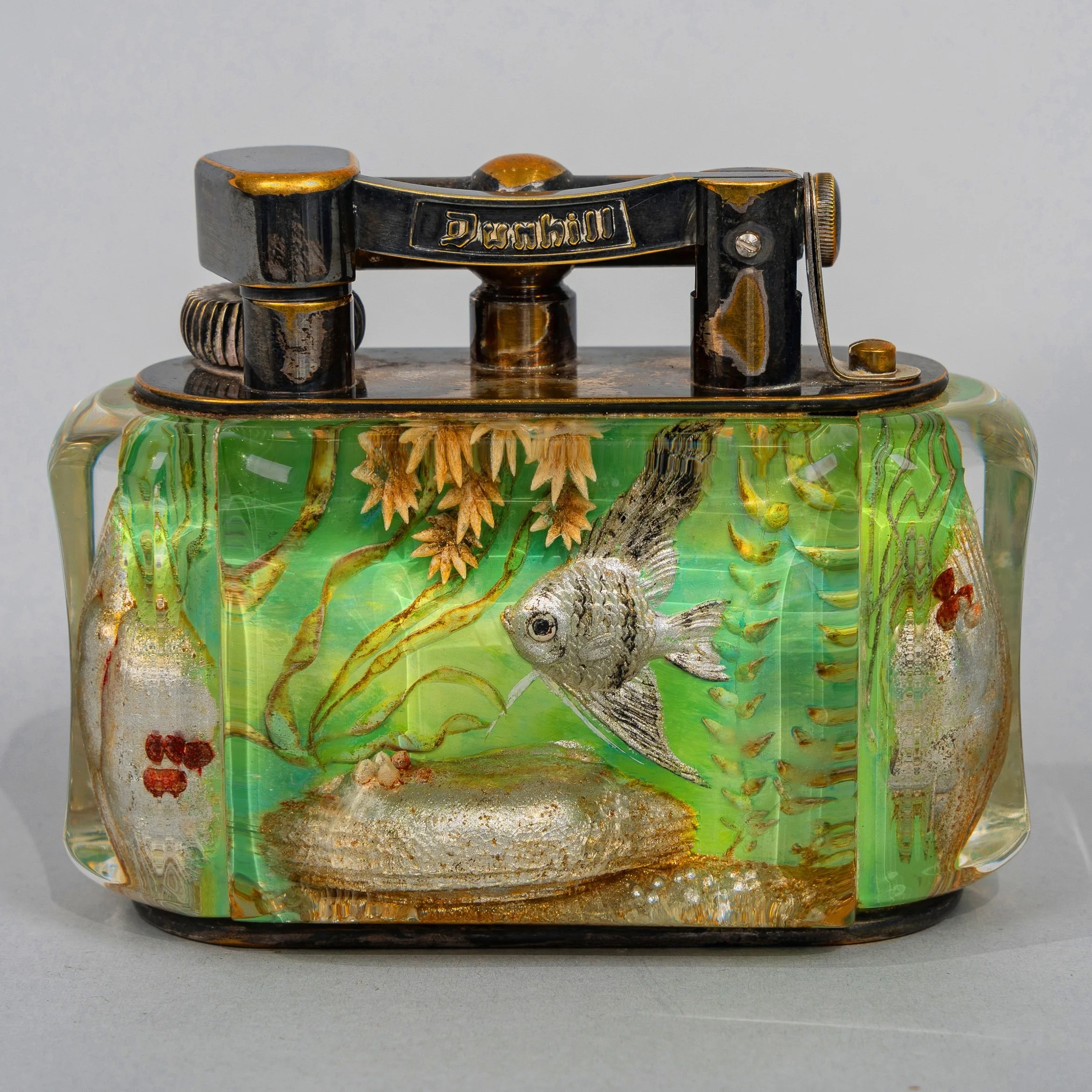 Dunhill Aquarium Table Lighter — Hand-Carved & Painted Lucite, Gold-Plated Hardware, circa 1950–1959