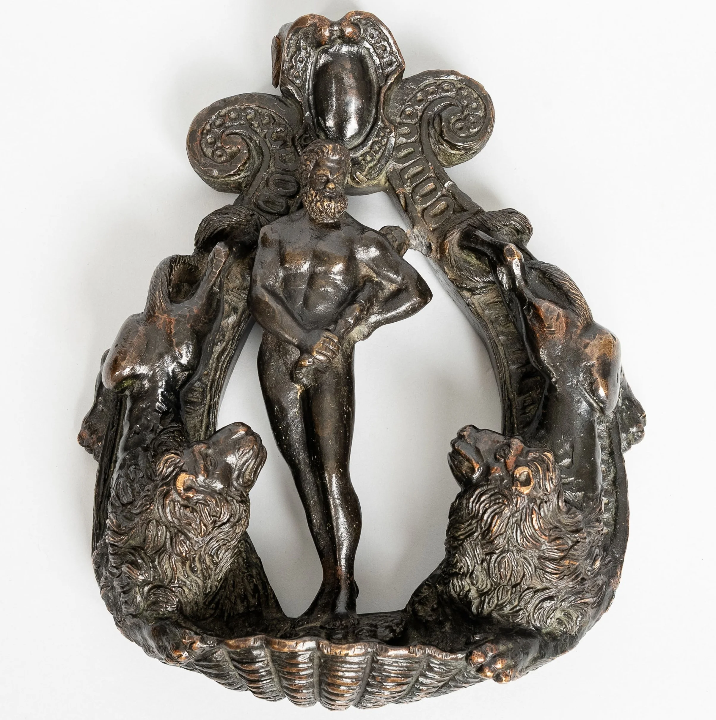 Venetian bronze door knocker, patina worn bright on the high points — Daniels Antiques
