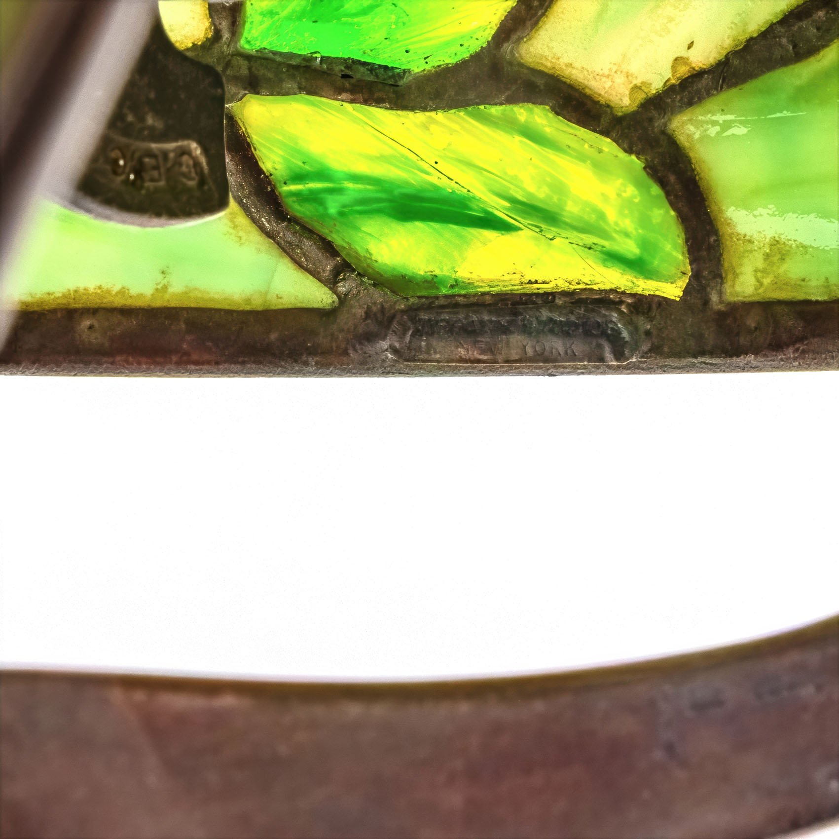 Tiffany Studios New York stamp on Apple Blossom Raised Branch lamp shade rim — Daniels Antiques