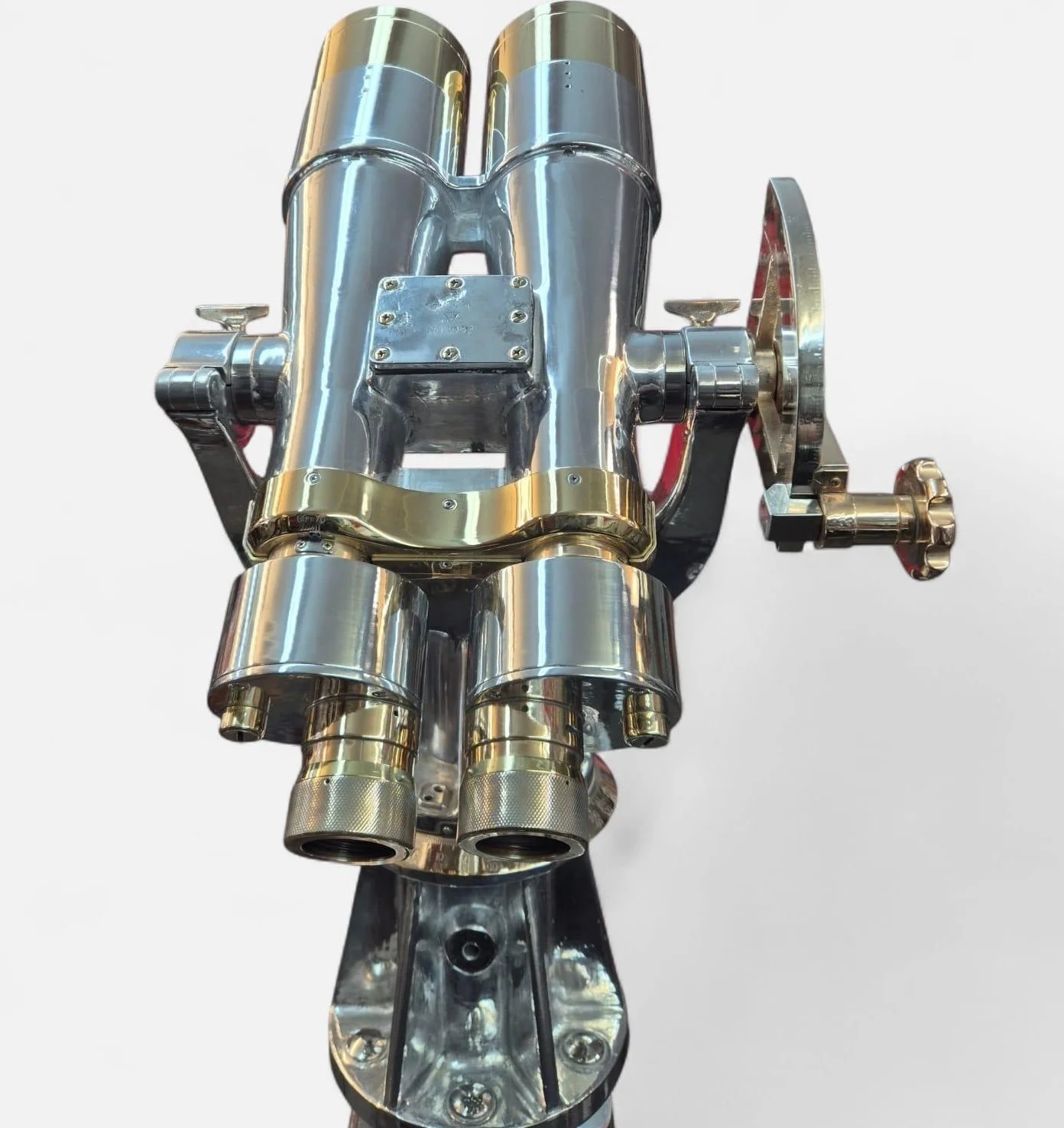 Nippon Kogaku Nikon WWII 15×80 Japanese Navy binoculars on original gimbal, overhead — Daniels Antiques