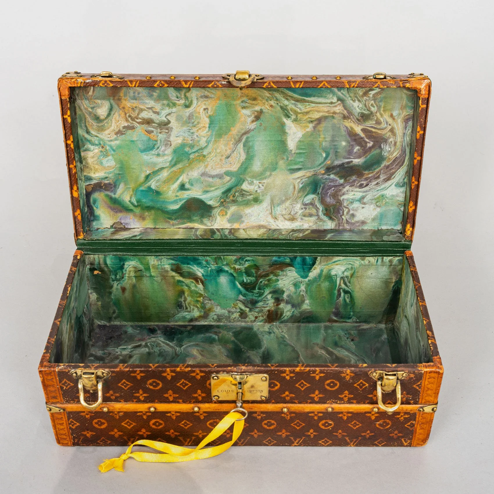 French marbled paper interior, Louis Vuitton Malle Fleurs flower trunk, original key, c.1920s