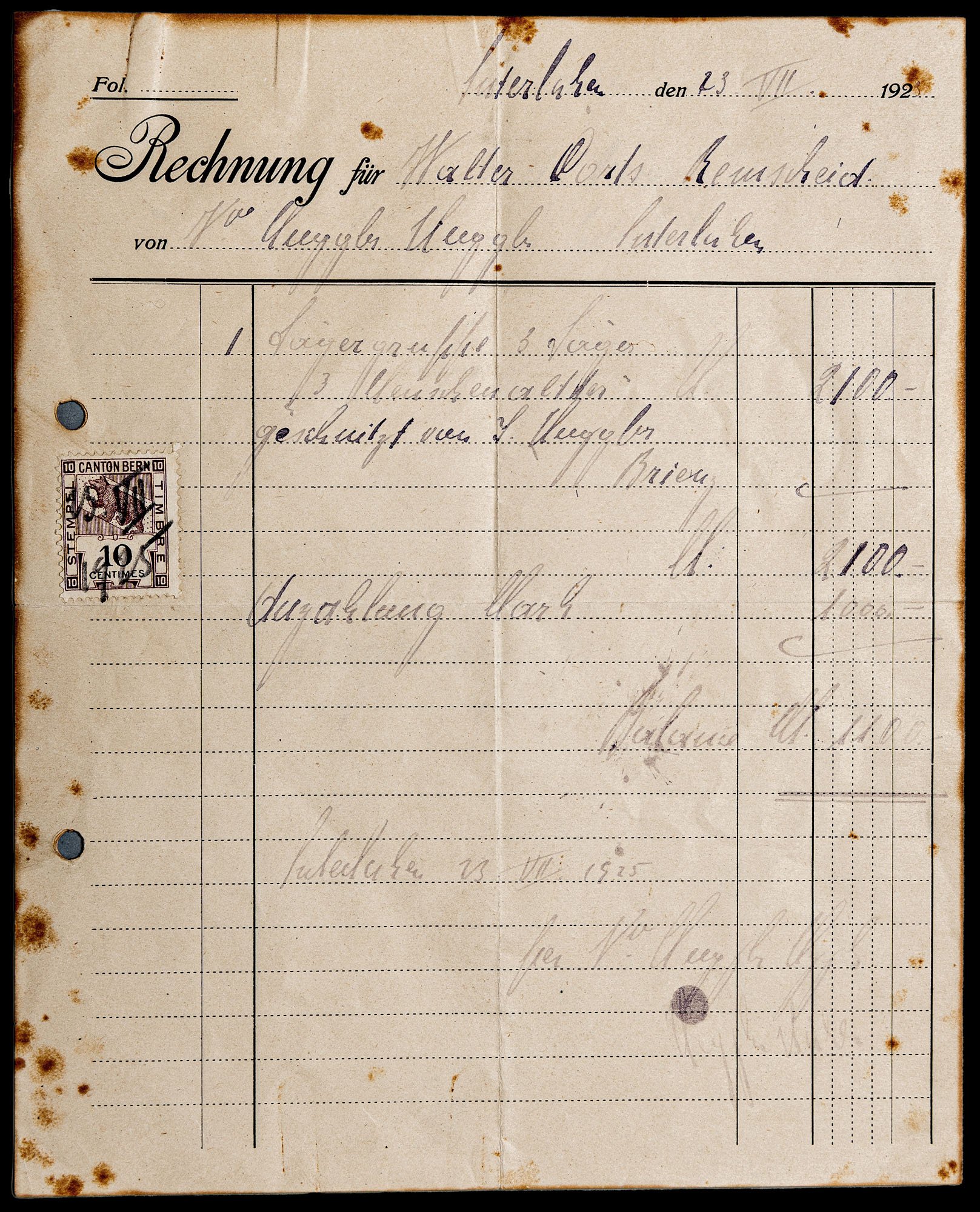 Original 1925 receipt from Huggler Huggler Interlaken for Jägergruppe 3 Jäger, catalogue number H.H. 468