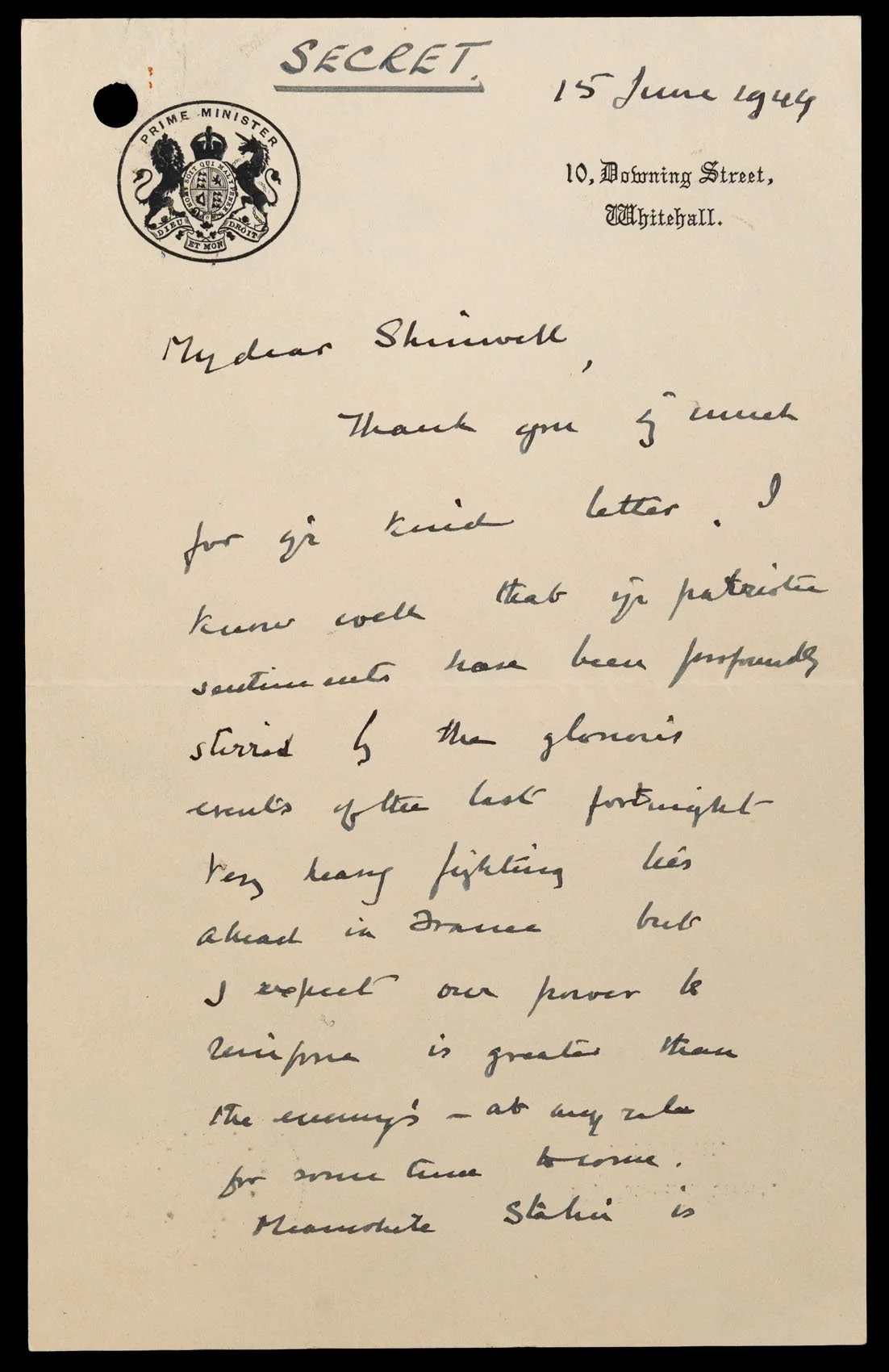 Winston Churchill Autograph Letter Signed 1944 Normandy Invasion Downing Street