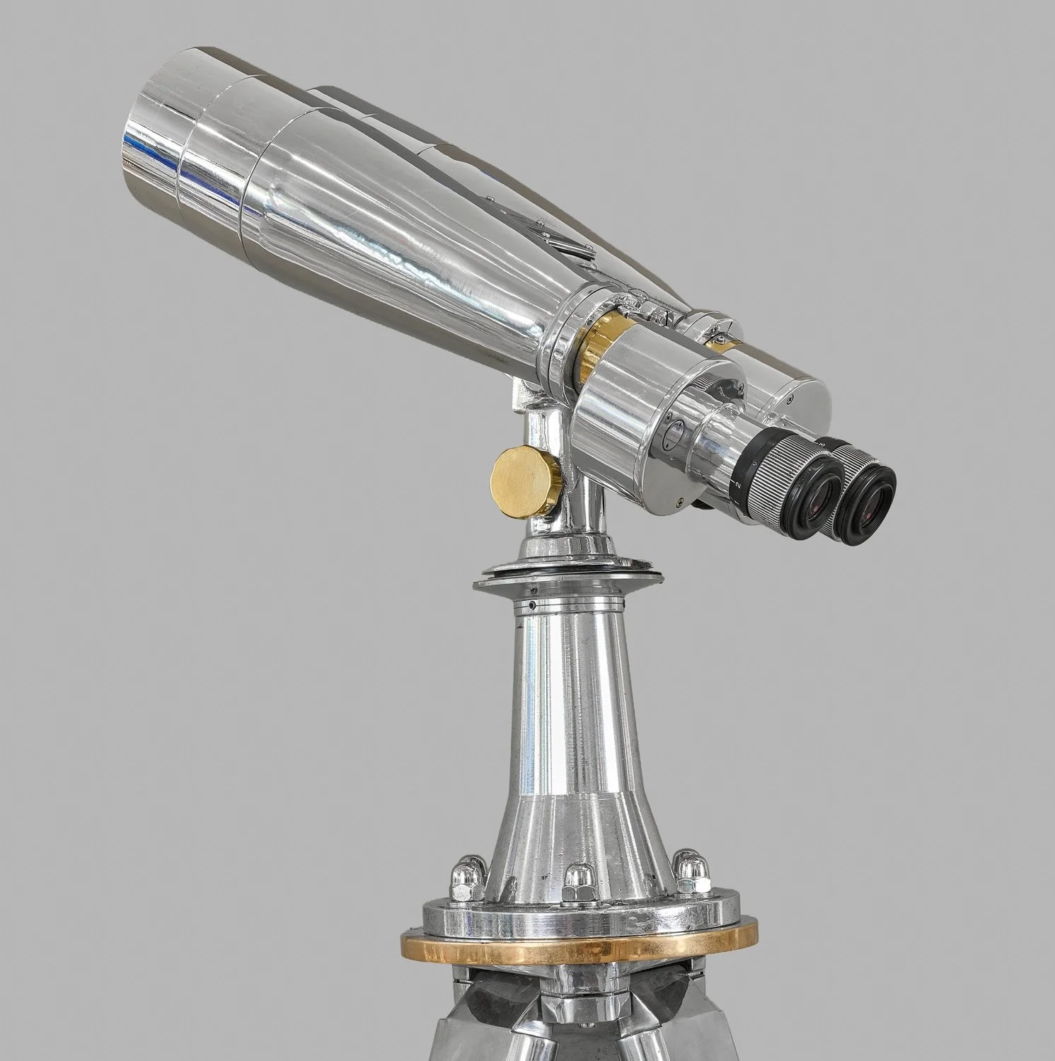 Fuji Meibo 15×80 big eye naval binoculars, mirror-polished, side profile showing eyepiece and mount — Daniels Antiques