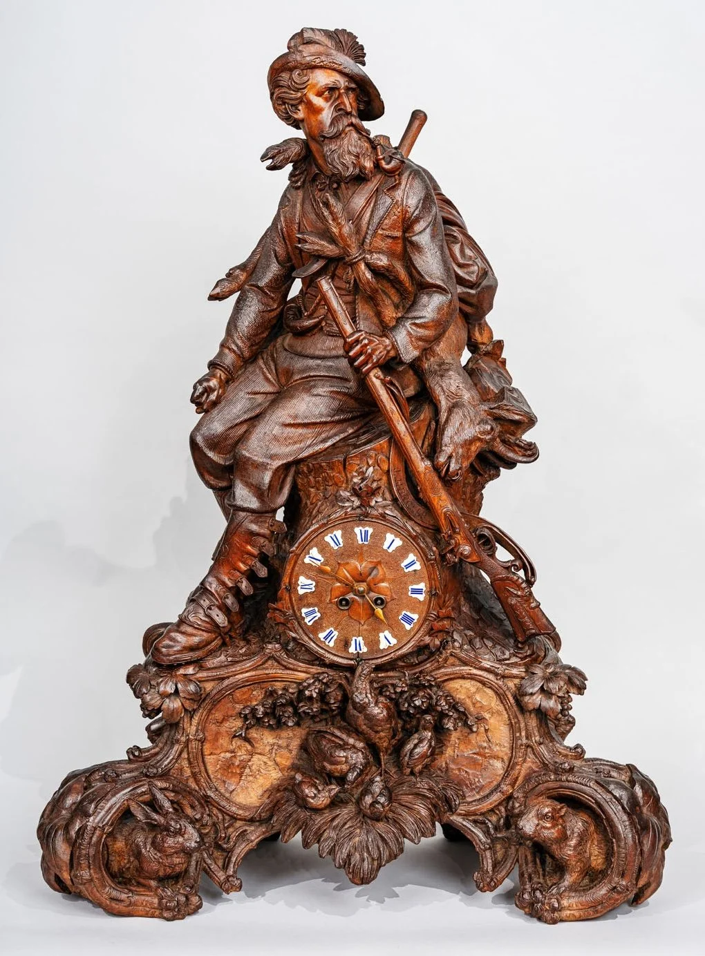Monumental Swiss Black Forest Figural Hunter Clock, Signed J. Huggler, Brienz, circa 1870