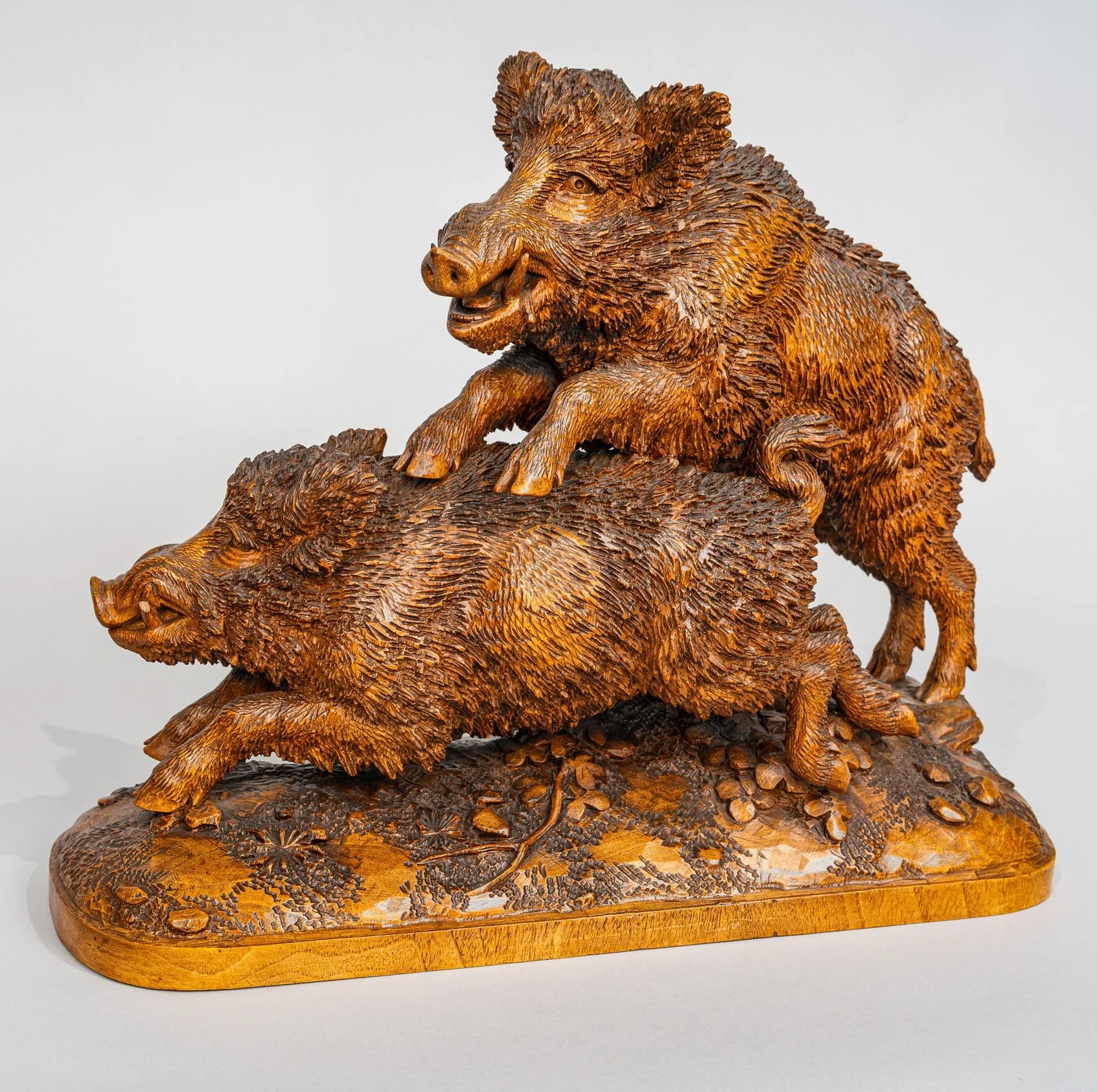 Swiss Black Forest Carved Walnut Wild Boar Group, Brienz, Switzerland, Dated 1870