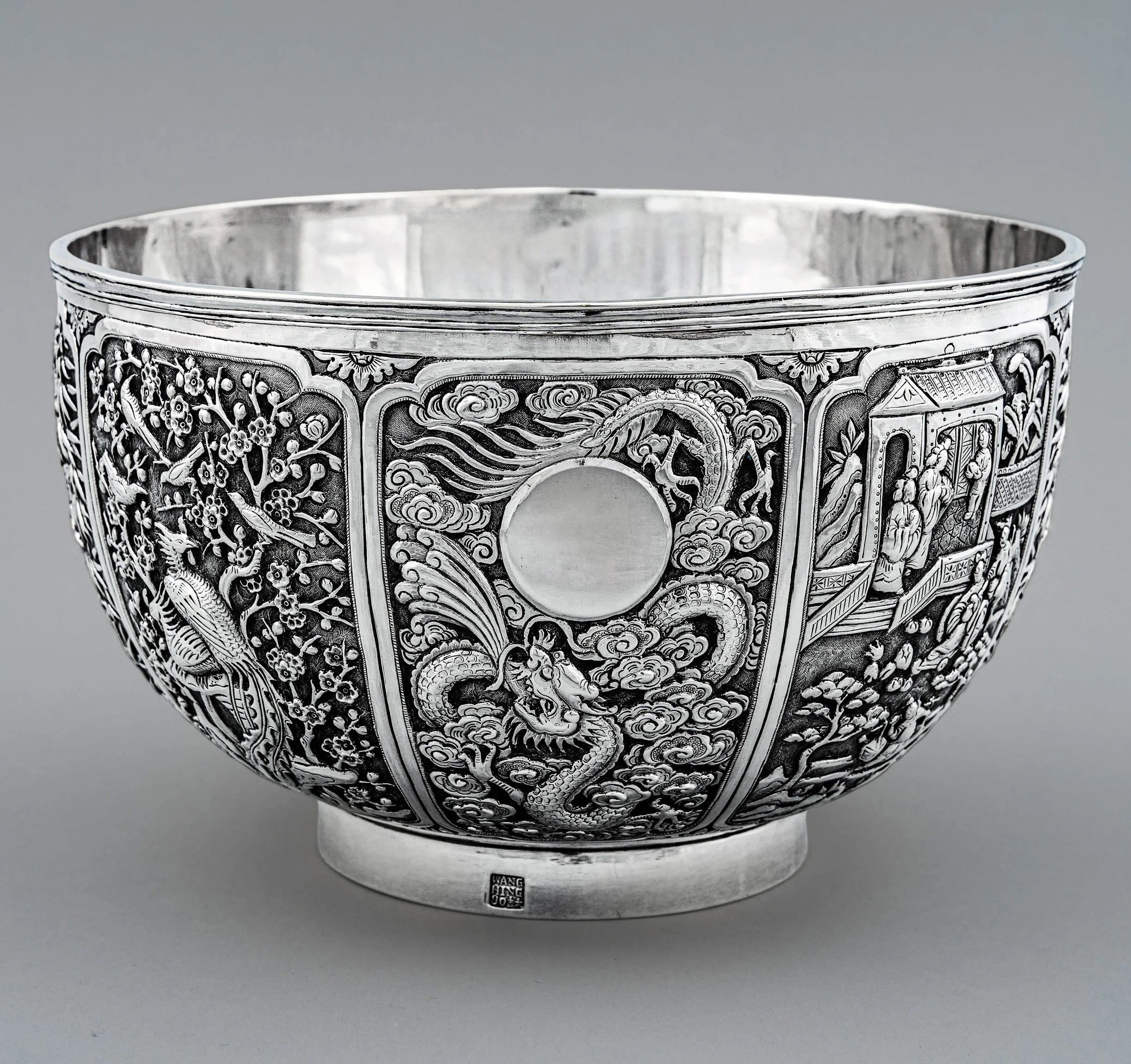 Chinese Export Silver Double-Walled Eight-Panel Bowl by Wang Hing, Hong Kong, 1860
