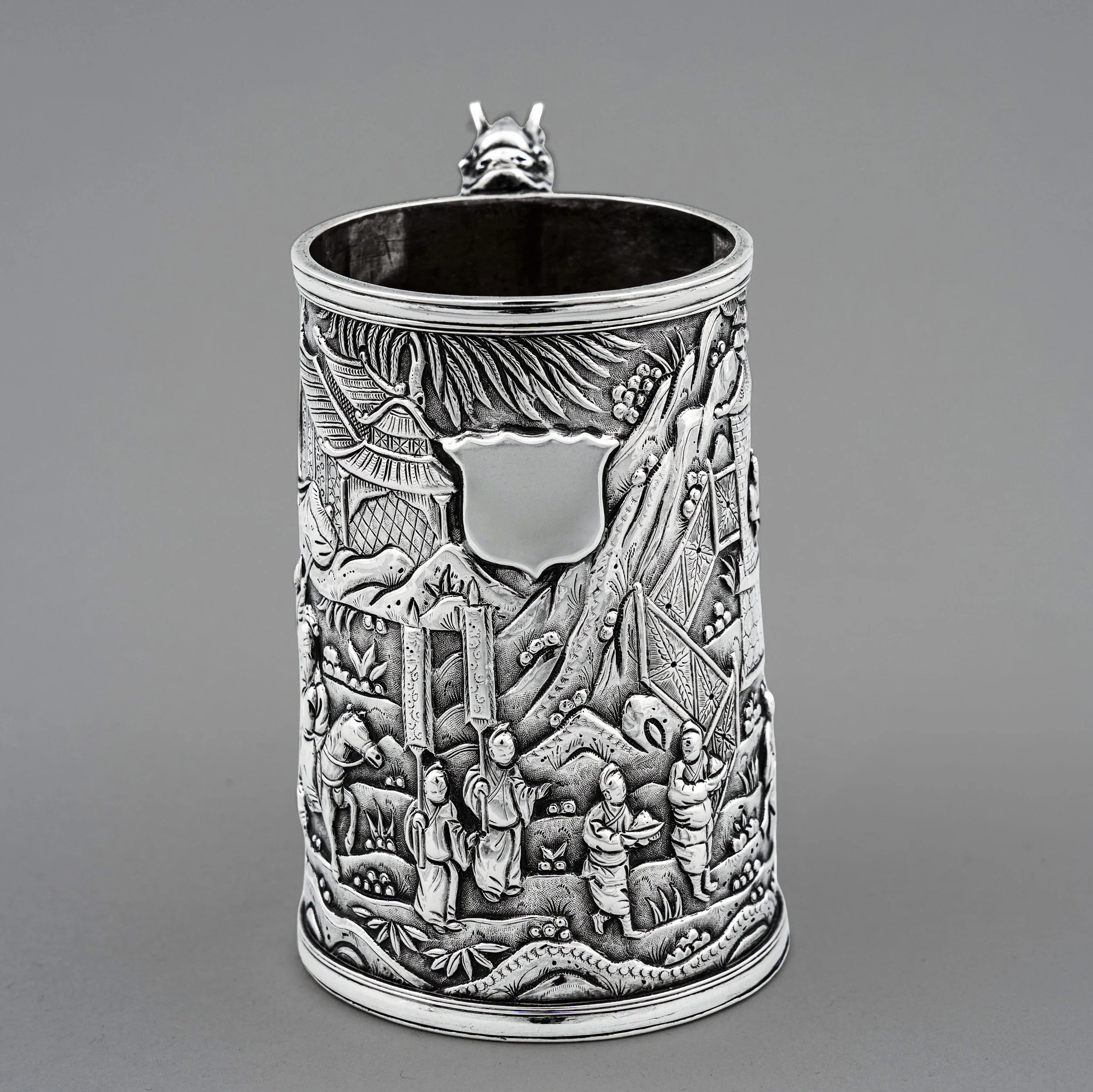 Shield cartouche on Chinese Export Silver double-walled mug by Leeching, Canton, circa 1895 — Daniels Antiques