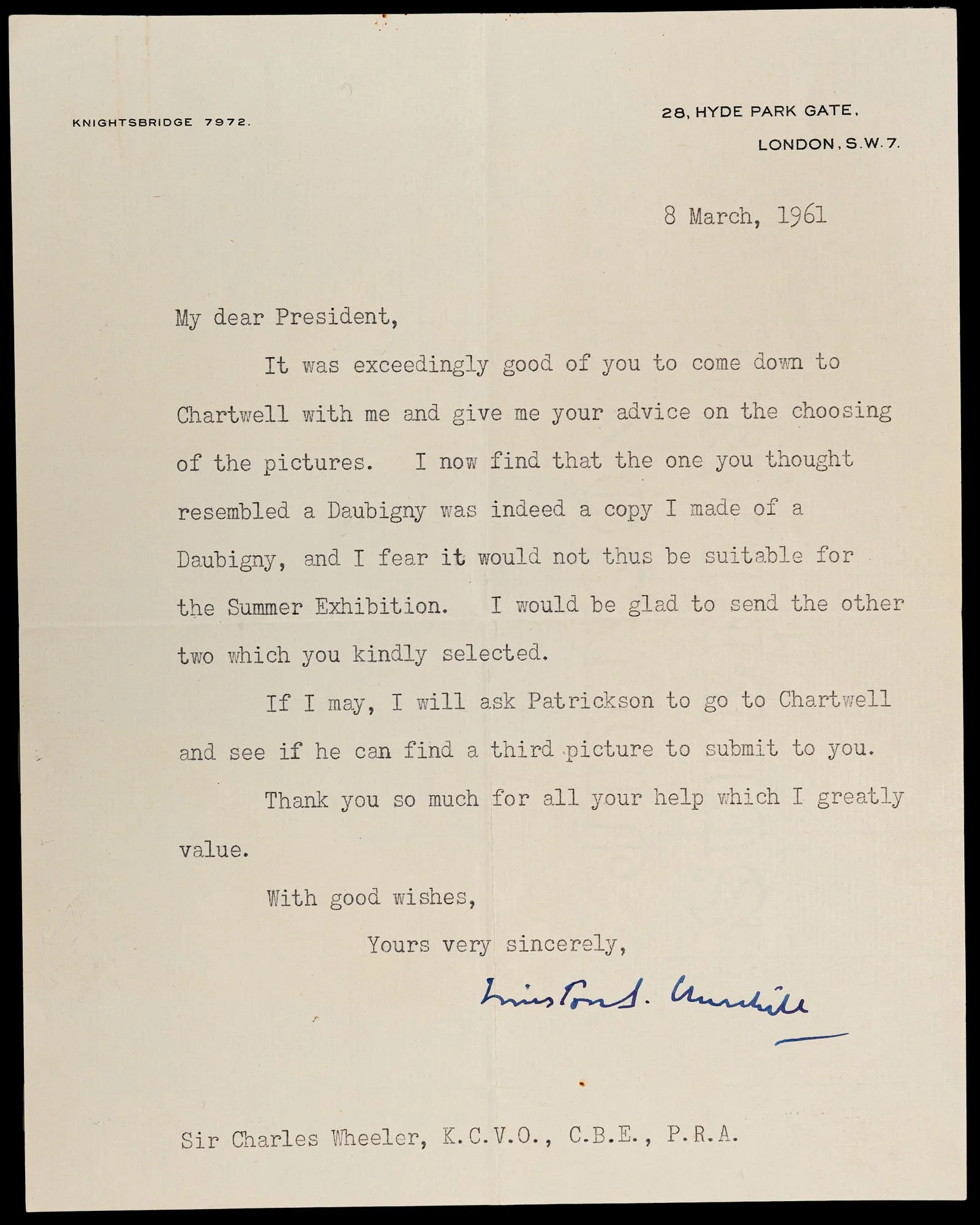 Winston Churchill Typed Letter Signed 1961 Royal Academy Summer Exhibition