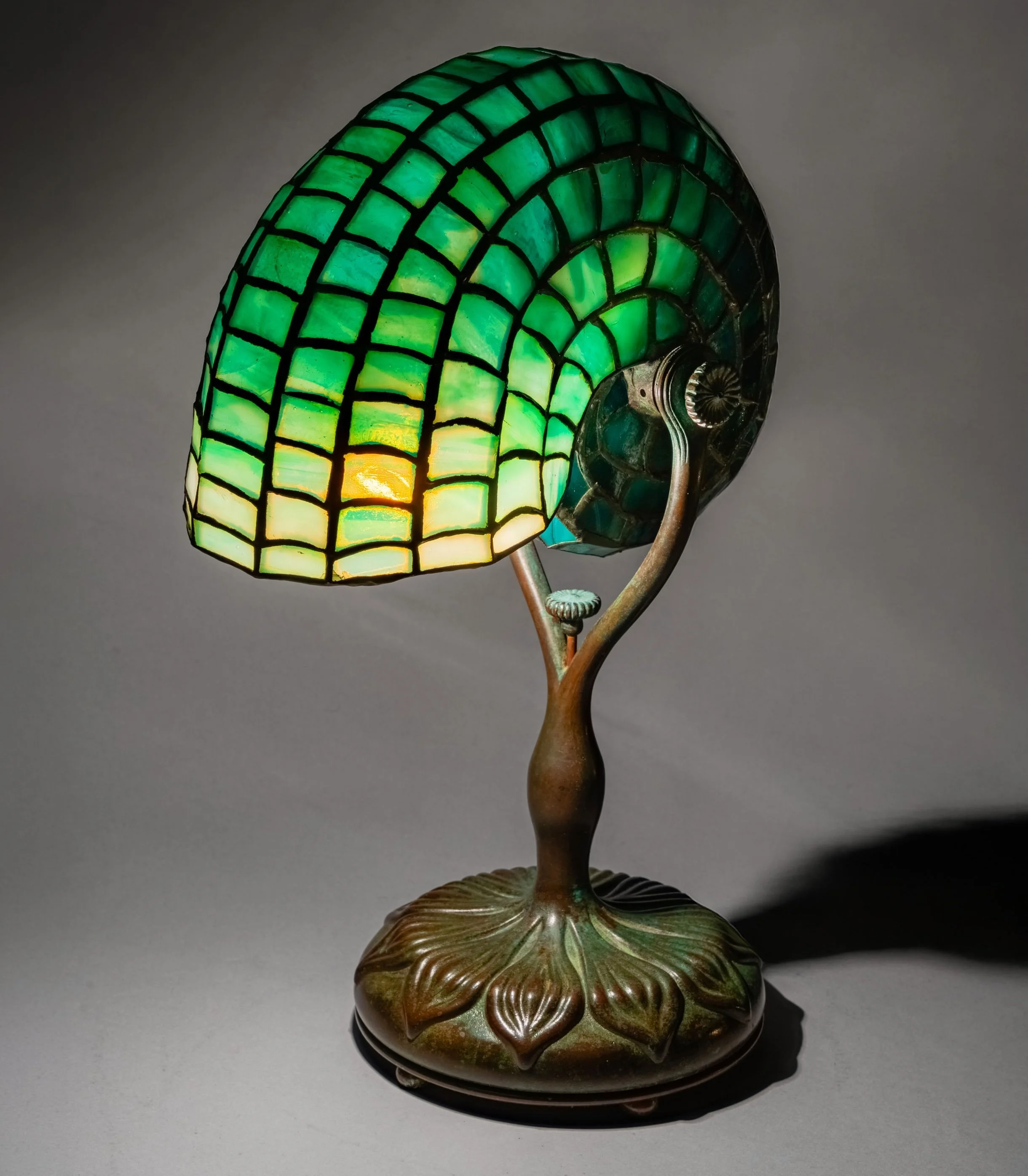 Tiffany Studios Nautilus table lamp, leaded glass and bronze base, circa 1905 — Daniels Antiques