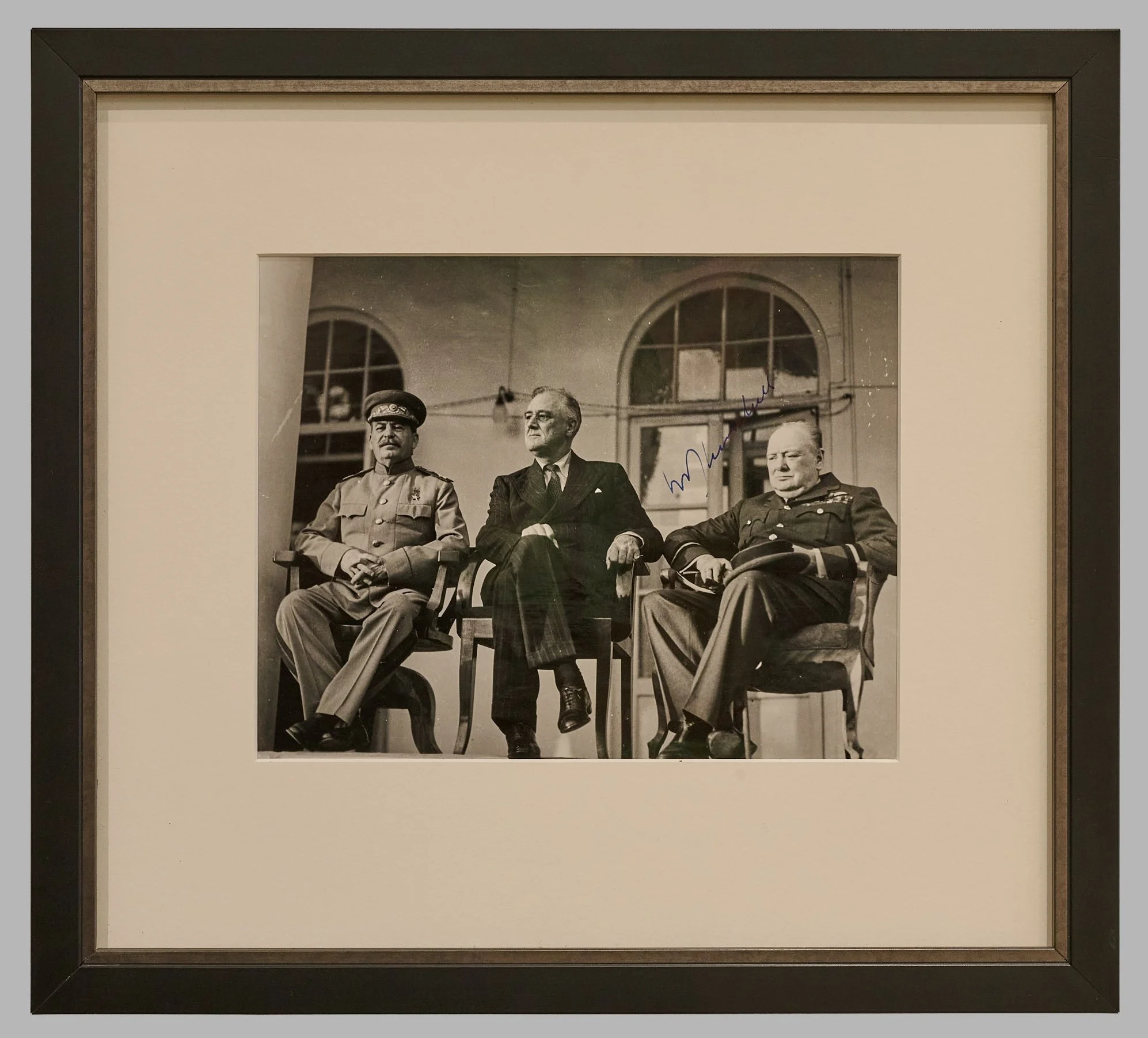 Winston S. Churchill, Signed Wartime Photograph of the Big Three at the Tehran Conference, 1943