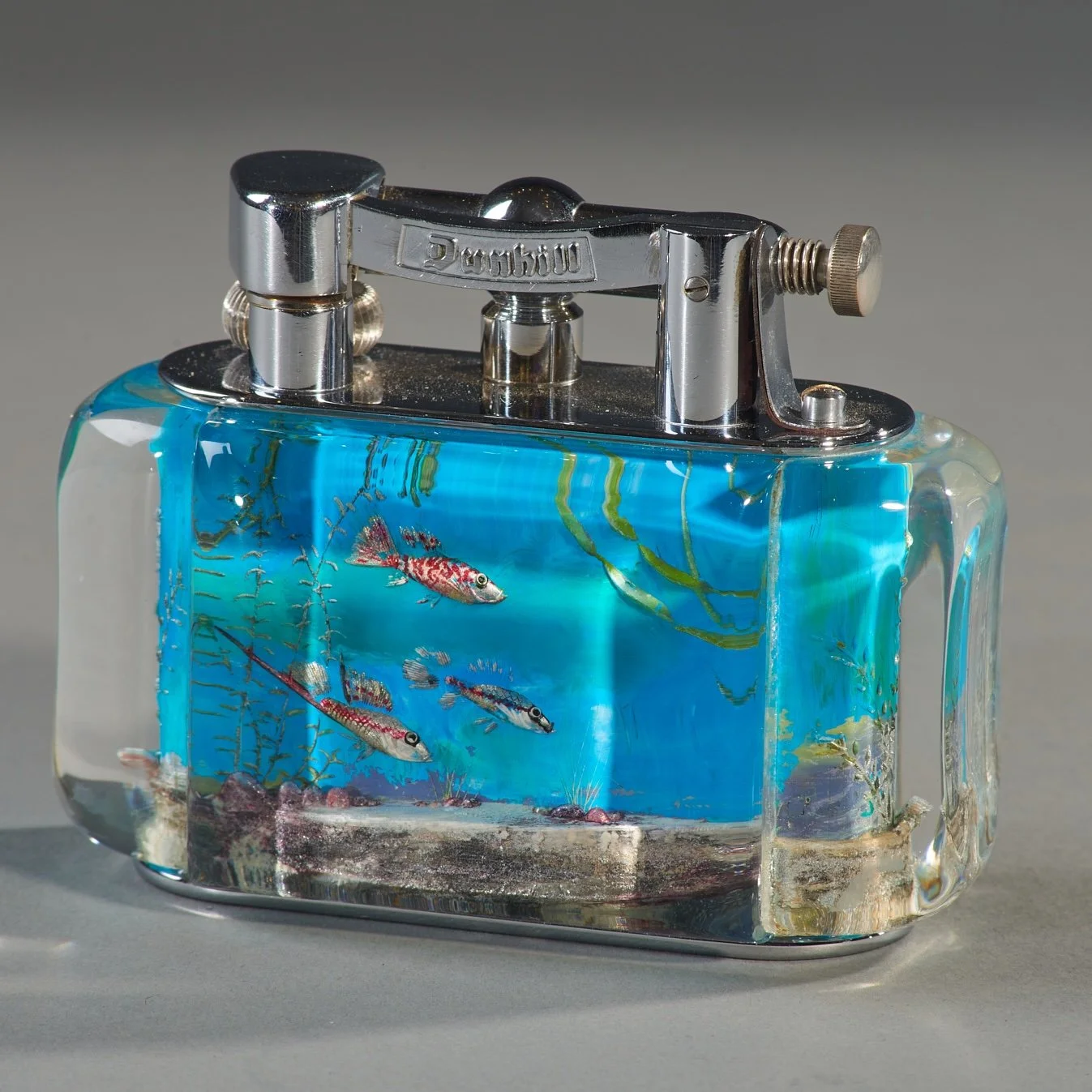 Dunhill Aquarium Table Lighter — Hand-Carved & Painted Lucite, circa 1950s.