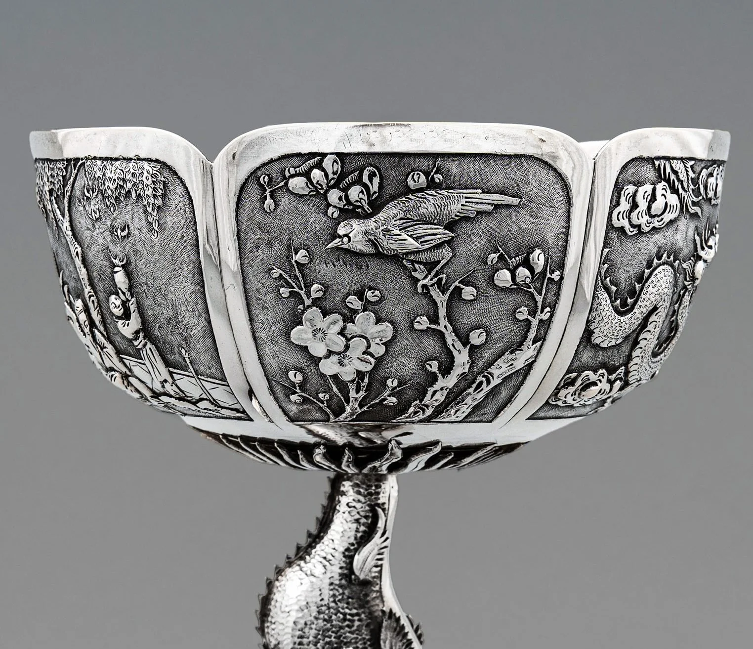 Chinese export silver comport, Wang Hing, circa 1895, bowl panel detail with birds on prunus blossom — Daniels Antiques.