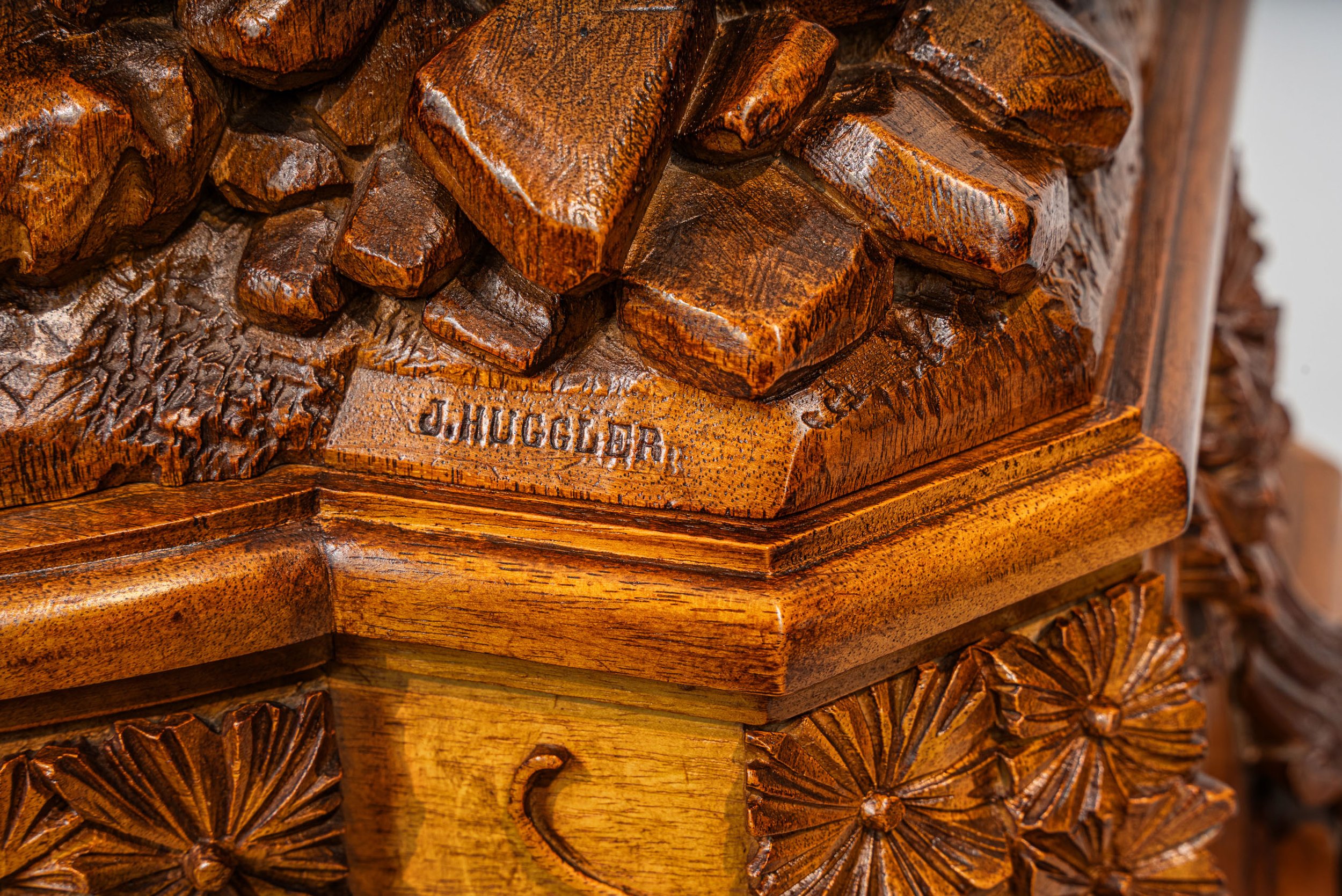 J. Huggler stamp signature on plinth, monumental hunter group, Brienz circa 1870