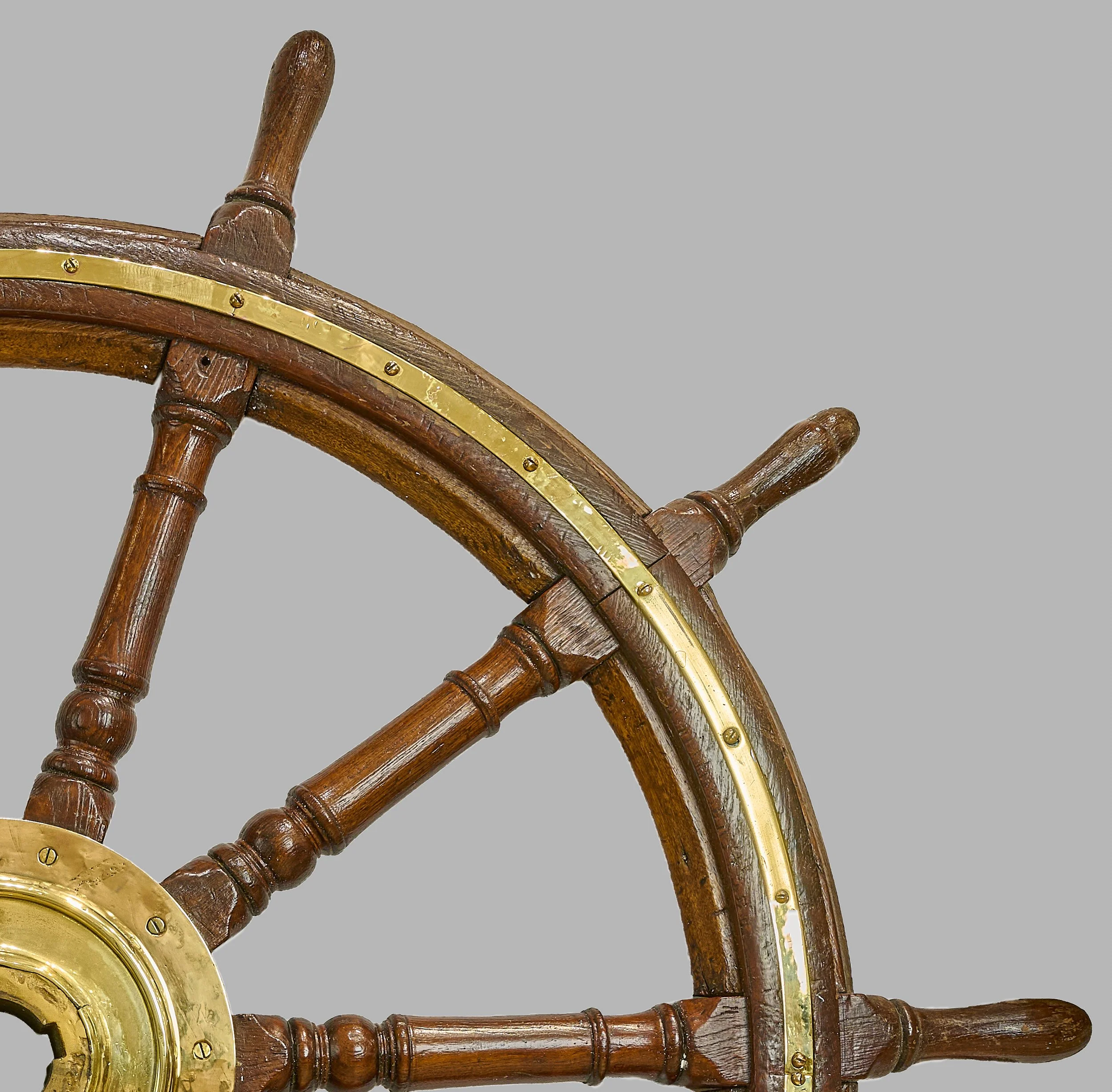 Brass-bound oak rim and turned spokes of antique ship's wheel — Daniels Antiques