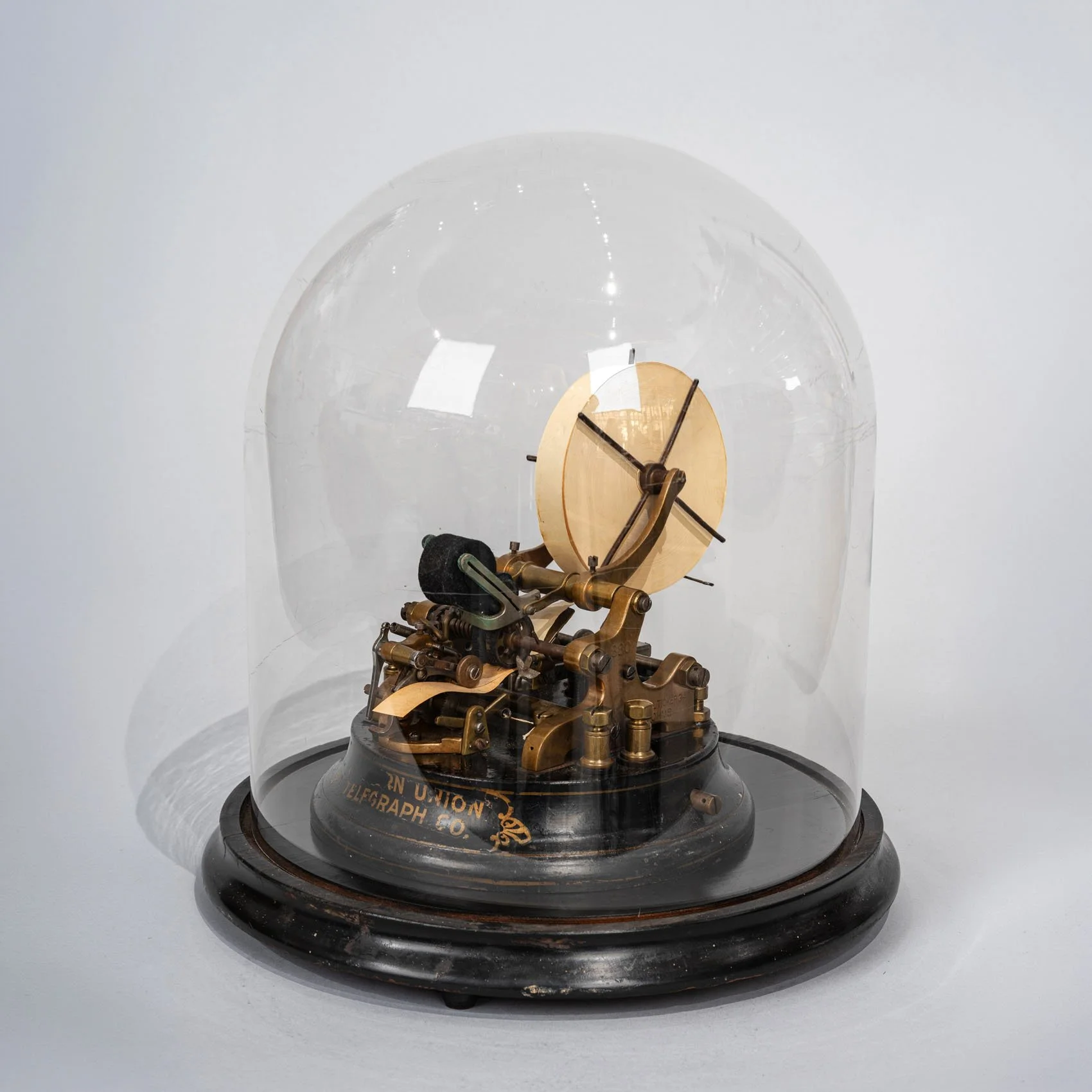 Western Union Universal Stock Ticker Model 3A 1887, full view with original glass dome