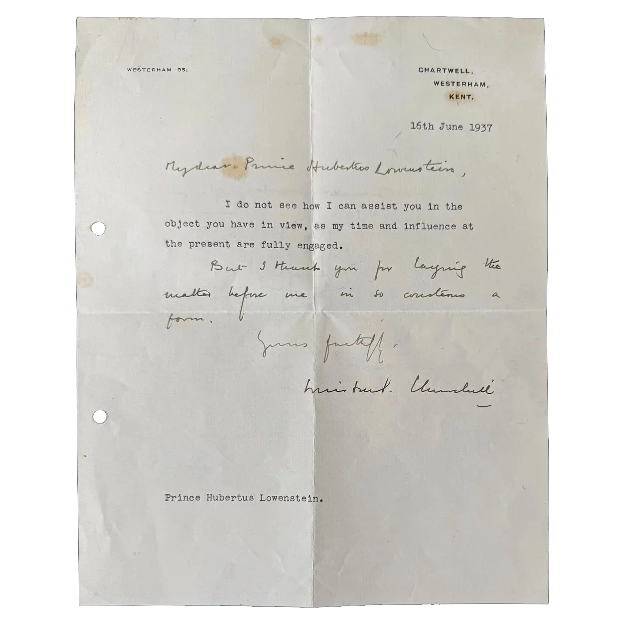 WINSTON CHURCHILL AND THE GERMAN OPPONENTS OF NAZISM. 16 June, 1937.