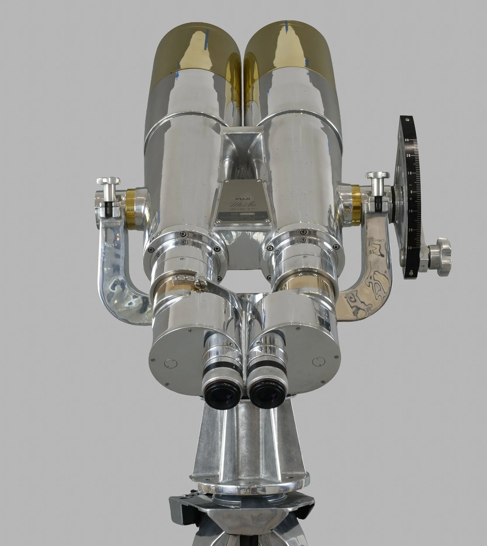 Fuji Meibo 25×150 big eye binoculars rear view showing eyepieces and original gimbal mount — Daniels Antiques