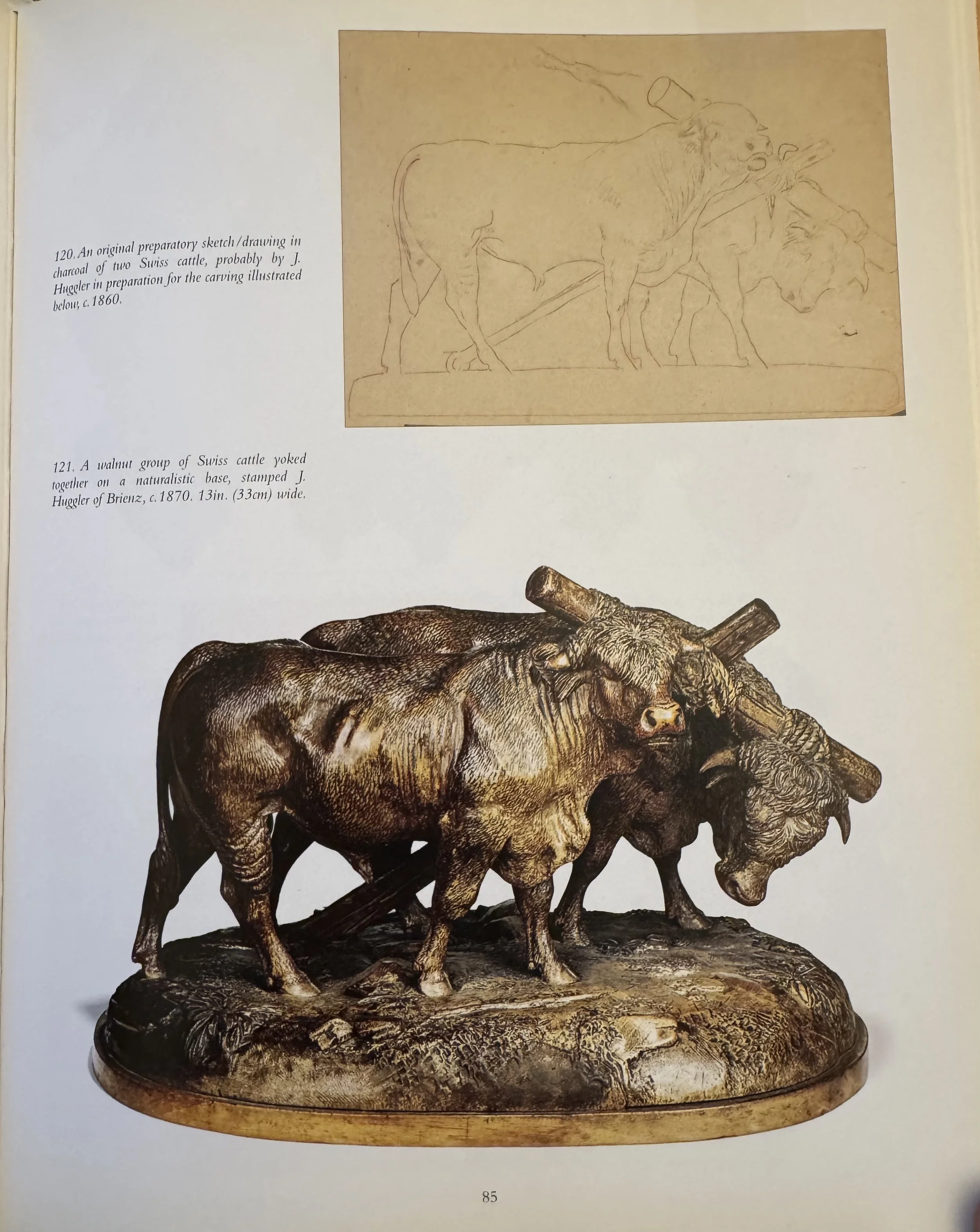 Swiss Carvings pp.84–85 showing comparable Huggler yoked cattle groups and original preparatory sketch