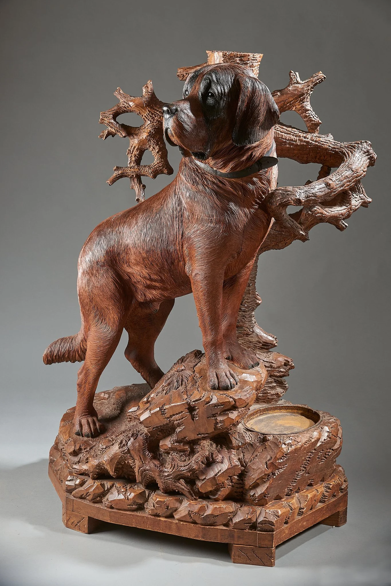 Right profile, Walter Mader St. Bernard umbrella stand showing umbrella receptacle, c. 1870