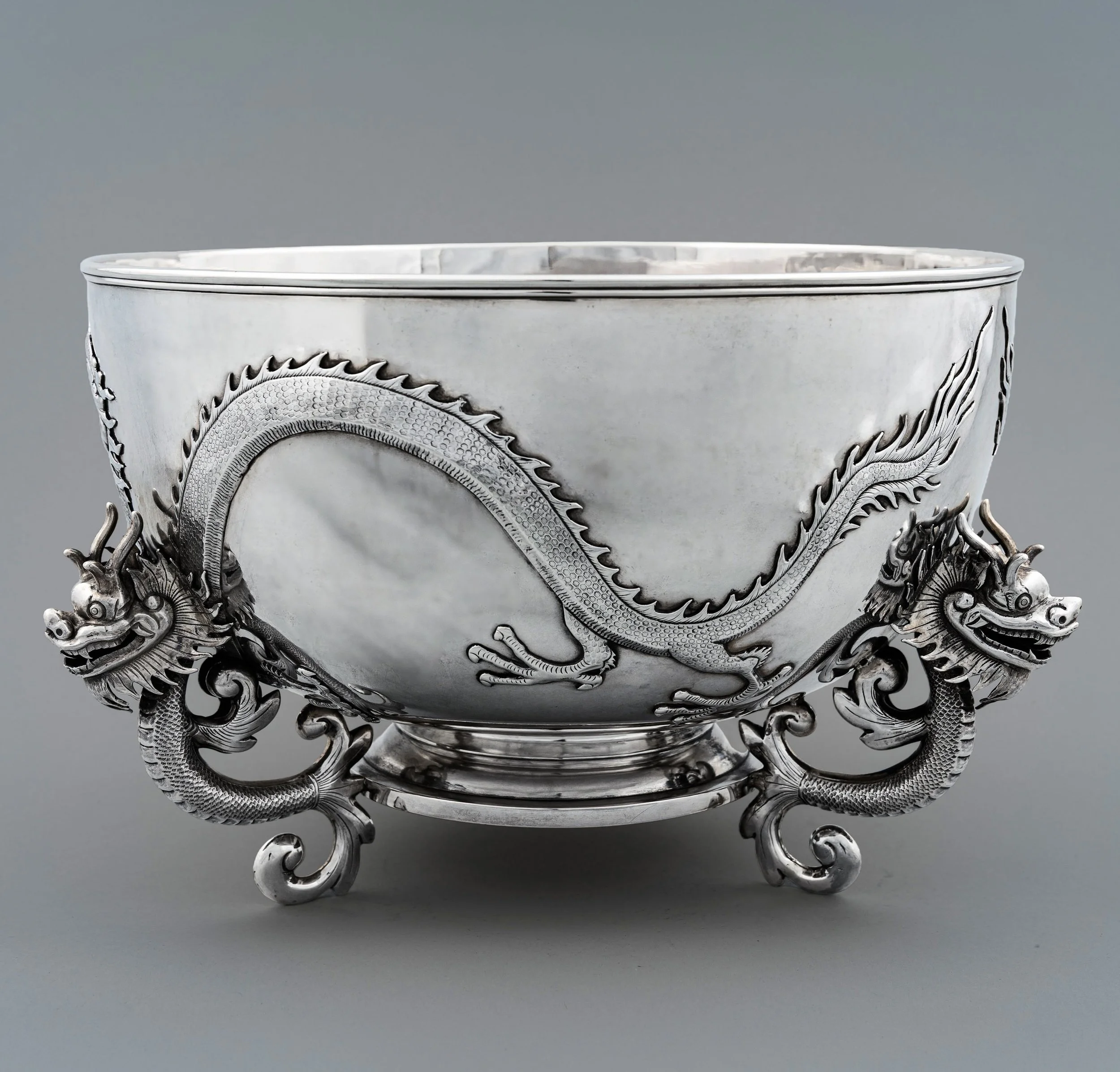 Chinese Export Silver punchbowl by Hung Chong, Shanghai, circa 1900, reverse view — Daniels Antiques
