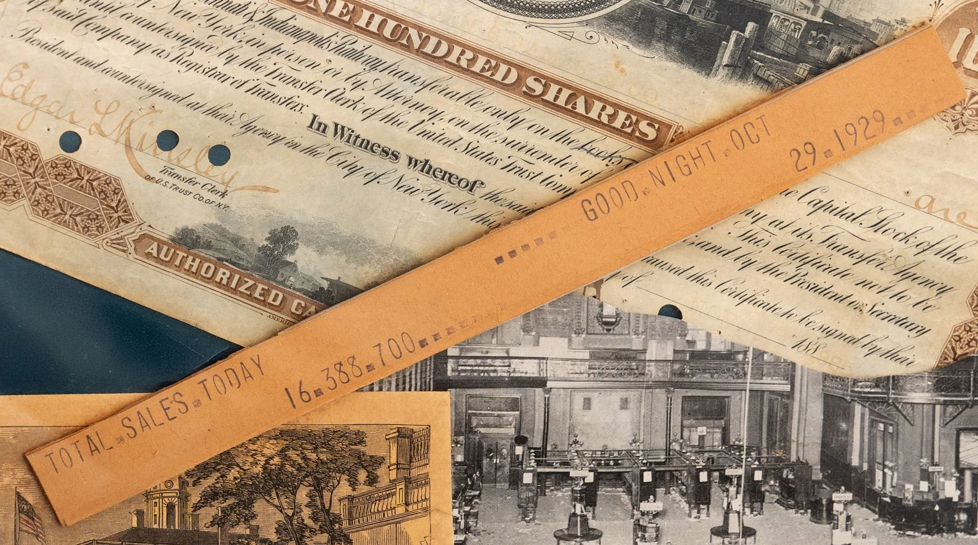 Black Tuesday closing ticker tape closeup — Total Sales Today 16,388,700 Good Night — Daniels Antiques