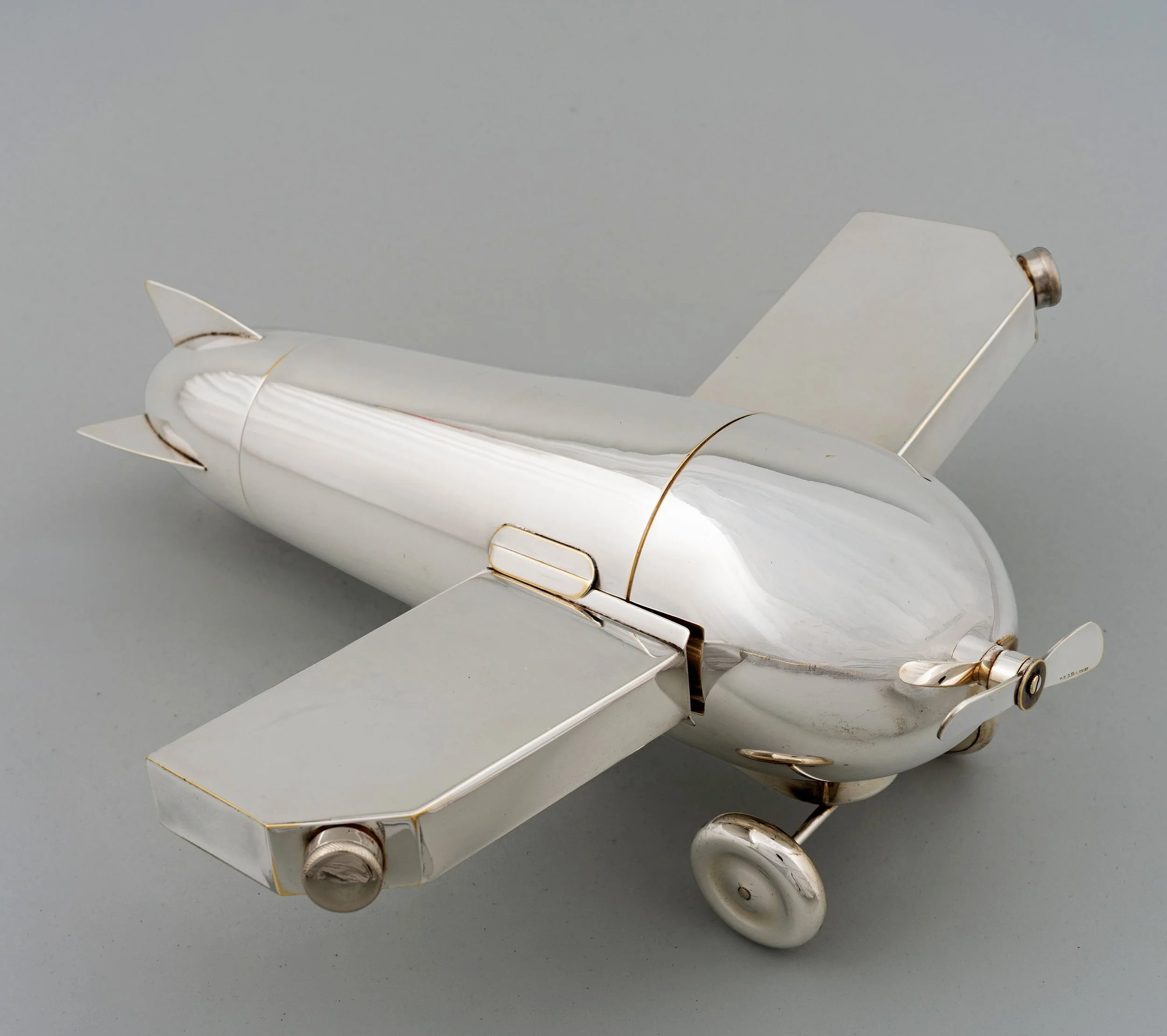 Henckels silver-plated airplane traveling bar, three-quarter view, circa 1928 — Daniels Antiques