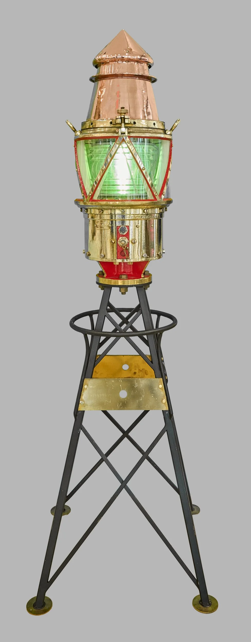 Antique harbor channel marker beacon light, green starboard, brass and copper, circa 1900 — Daniels Antiques