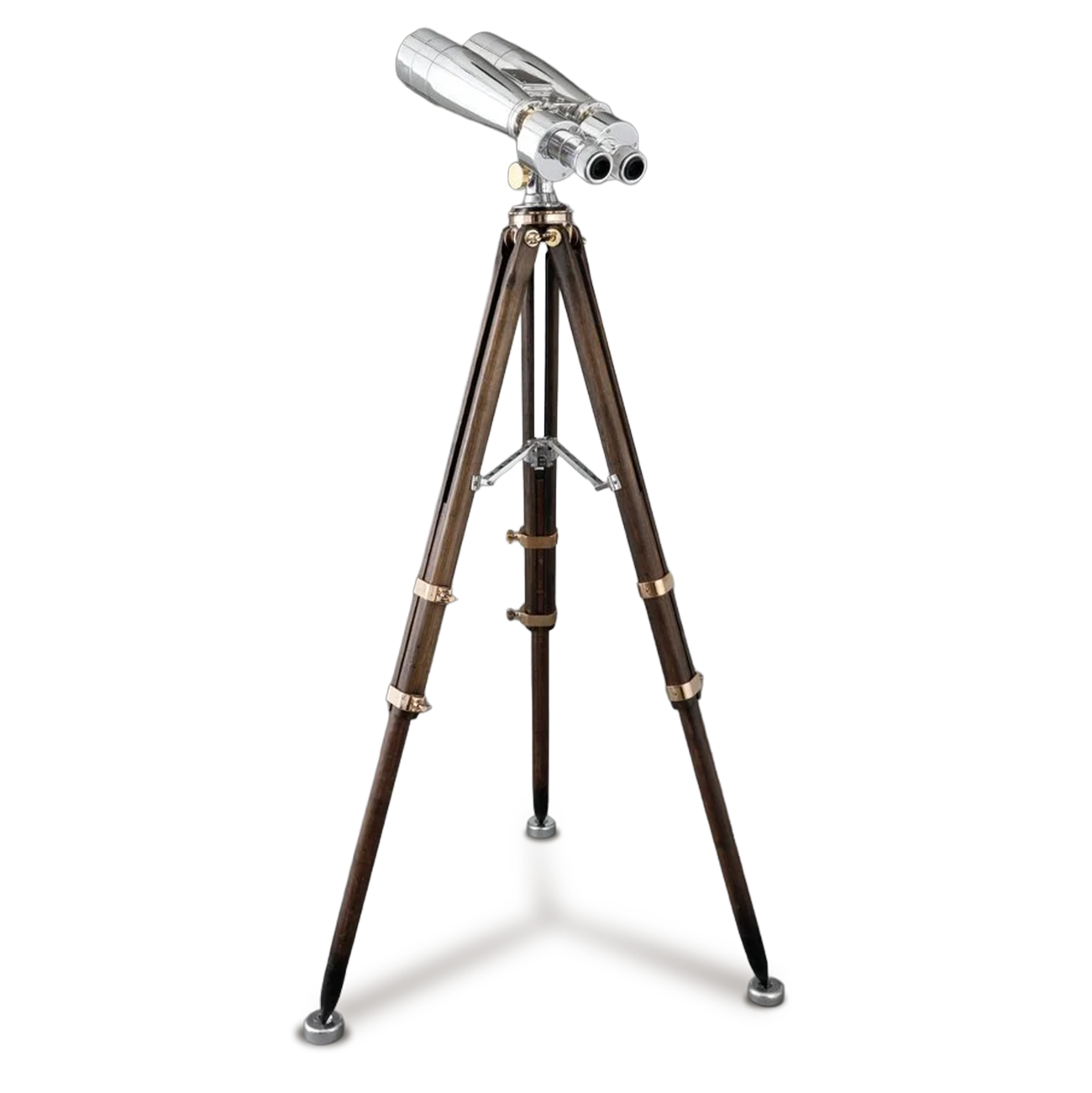 Fuji Meibo 15×80 naval binoculars on dark wood and brass tripod, Japan, c.1970s — Daniels Antiques.