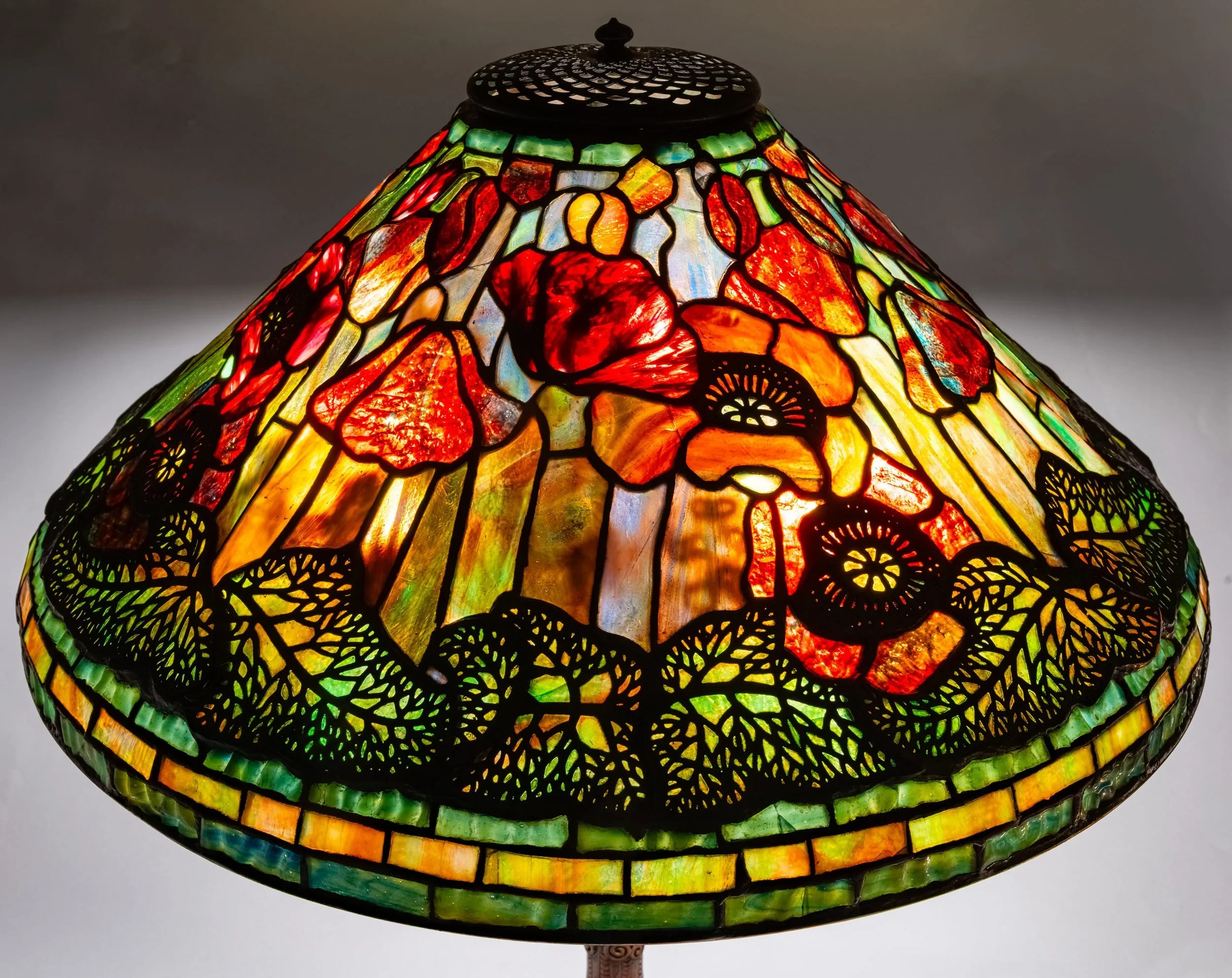 Tiffany Studios Poppy lamp reverse detail, granite-backed glass poppy petals, circa 1910 — Daniels Antiques