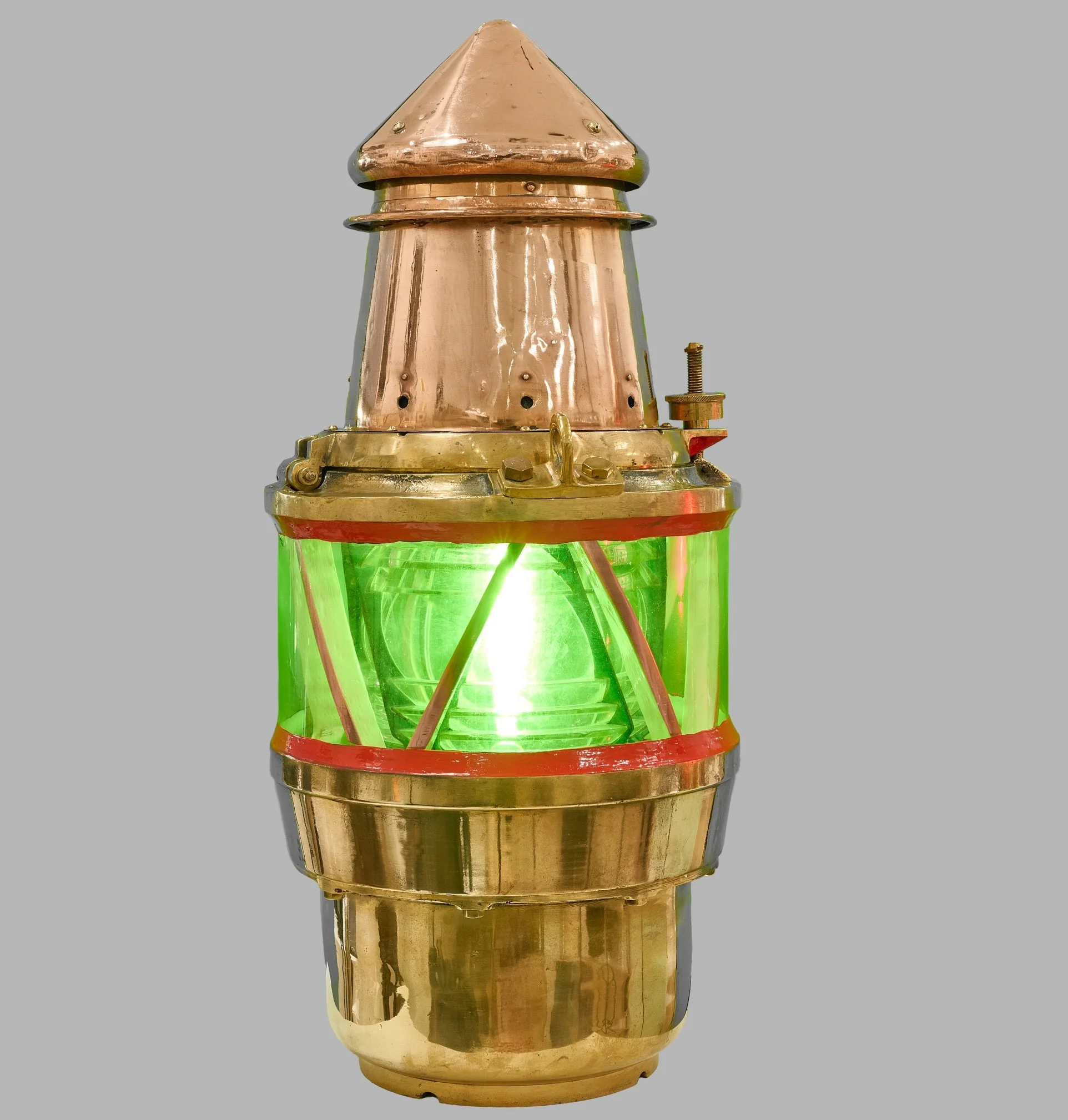 Antique Fresnel harbor channel marker beacon light, green starboard, brass and copper, circa 1890 — Daniels Antiques