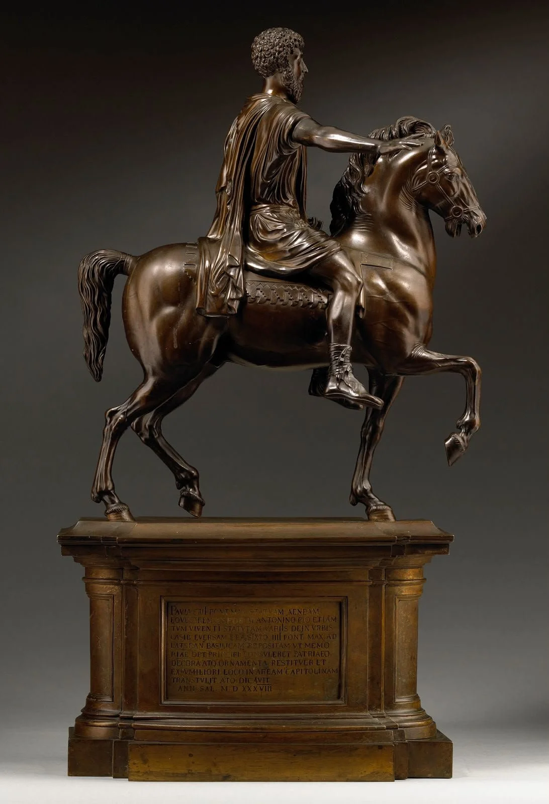Bronze Marcus Aurelius in profile, pedestal with the Paul III dedication panel, Rome 1866 — Daniels Antiques