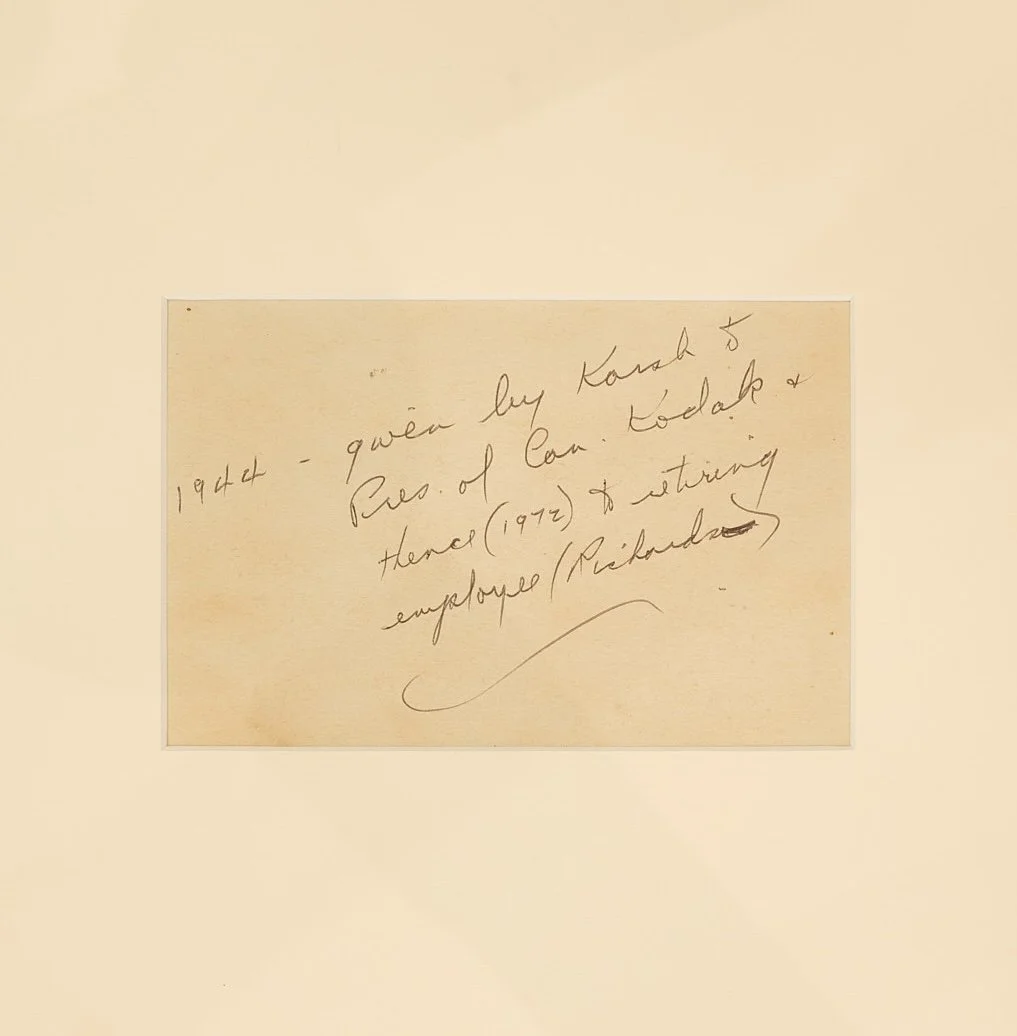 Manuscript provenance note on verso of Karsh Churchill Roaring Lion print — Daniels Antiques