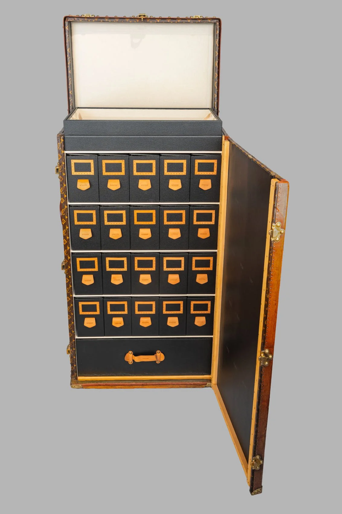 Louis Vuitton shoe trunk interior with fitted drawers and compartments