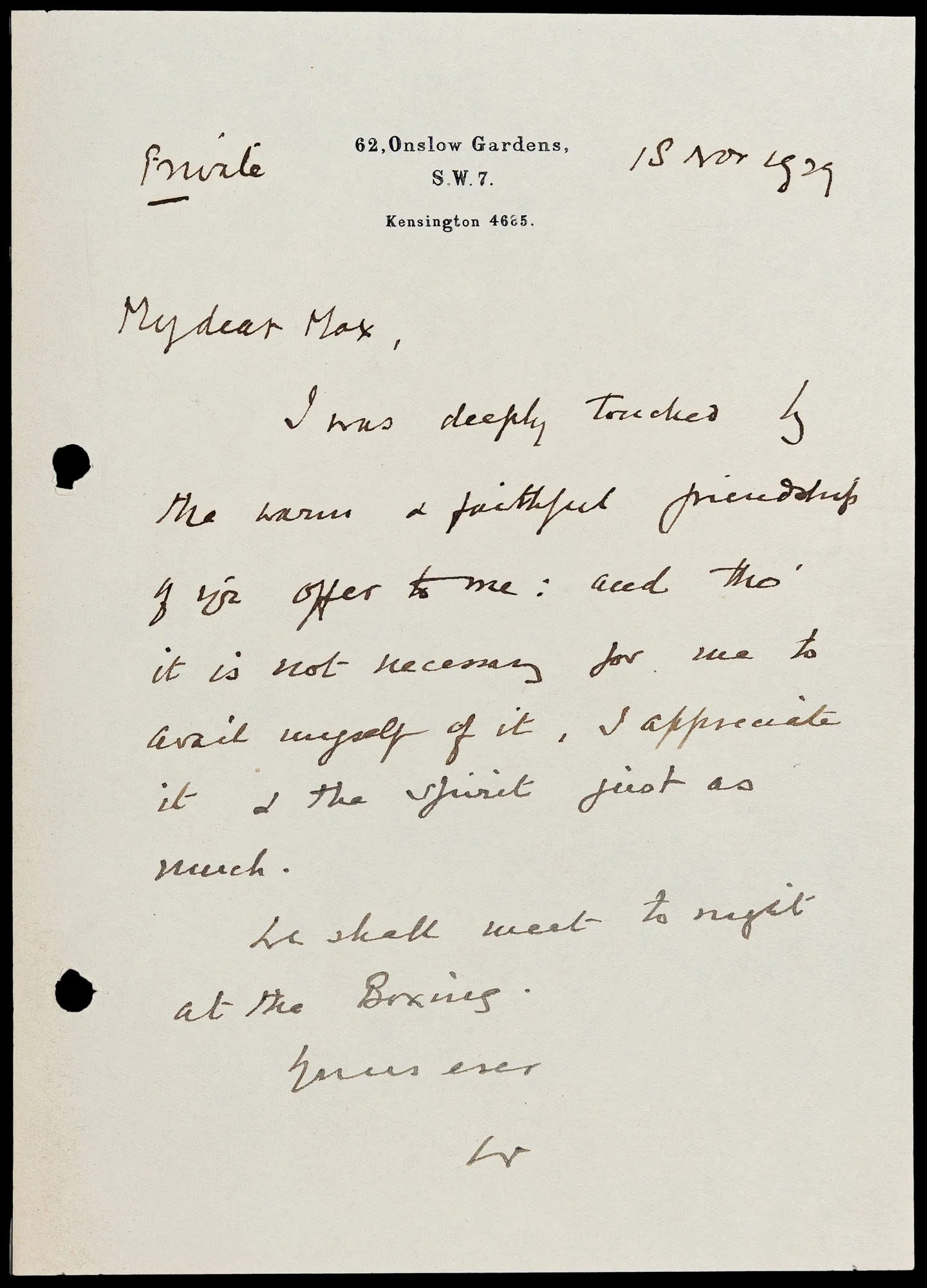 Churchill autograph letter signed to Lord Beaverbrook, Onslow Gardens, 18 November 1929 — Daniels Antiques