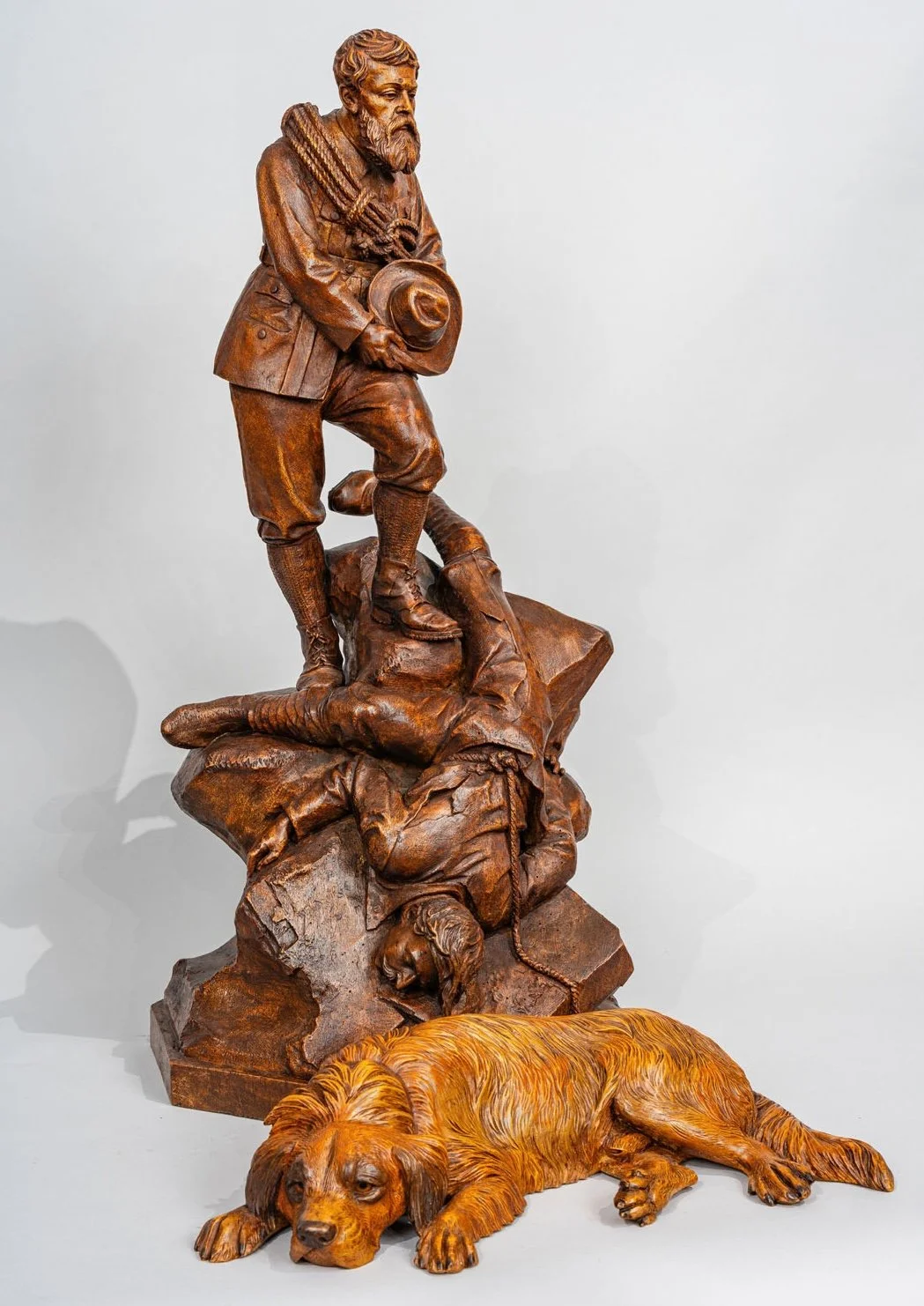 A Memorial in Wood: Swiss Black Forest Carved Walnut Alpine Memorial Group and Portrait of Nase, Johann Huggler, Brienz, circa 1873