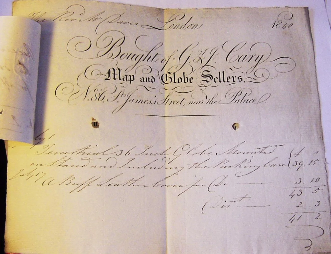 Original 1840 G. and J. Cary invoice for a 36 inch globe, 86 St James's Street, London — Daniels Antiques