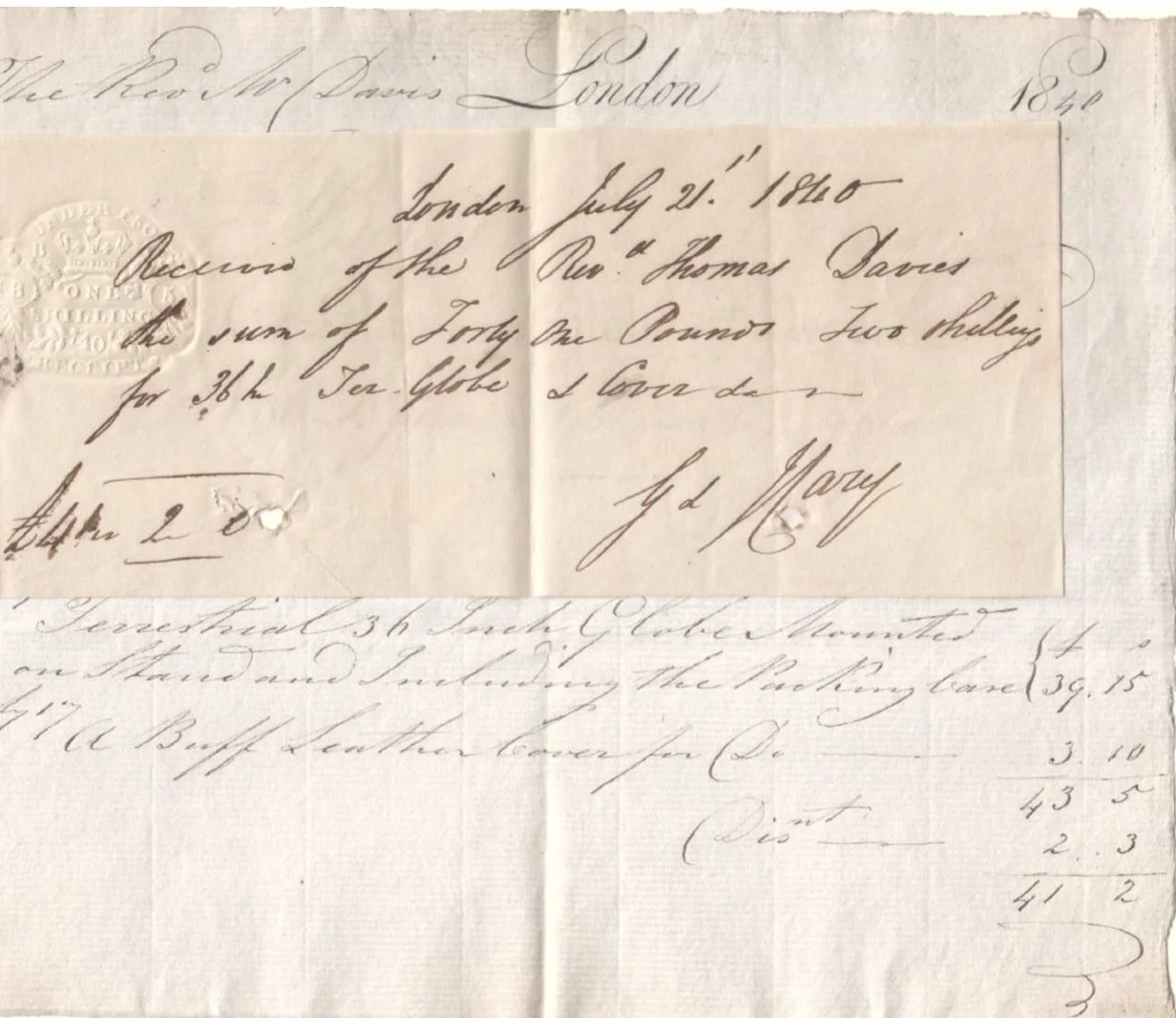 Receipt dated 21 July 1840 for a Cary globe supplied to Jesus College, Oxford — Daniels Antiques