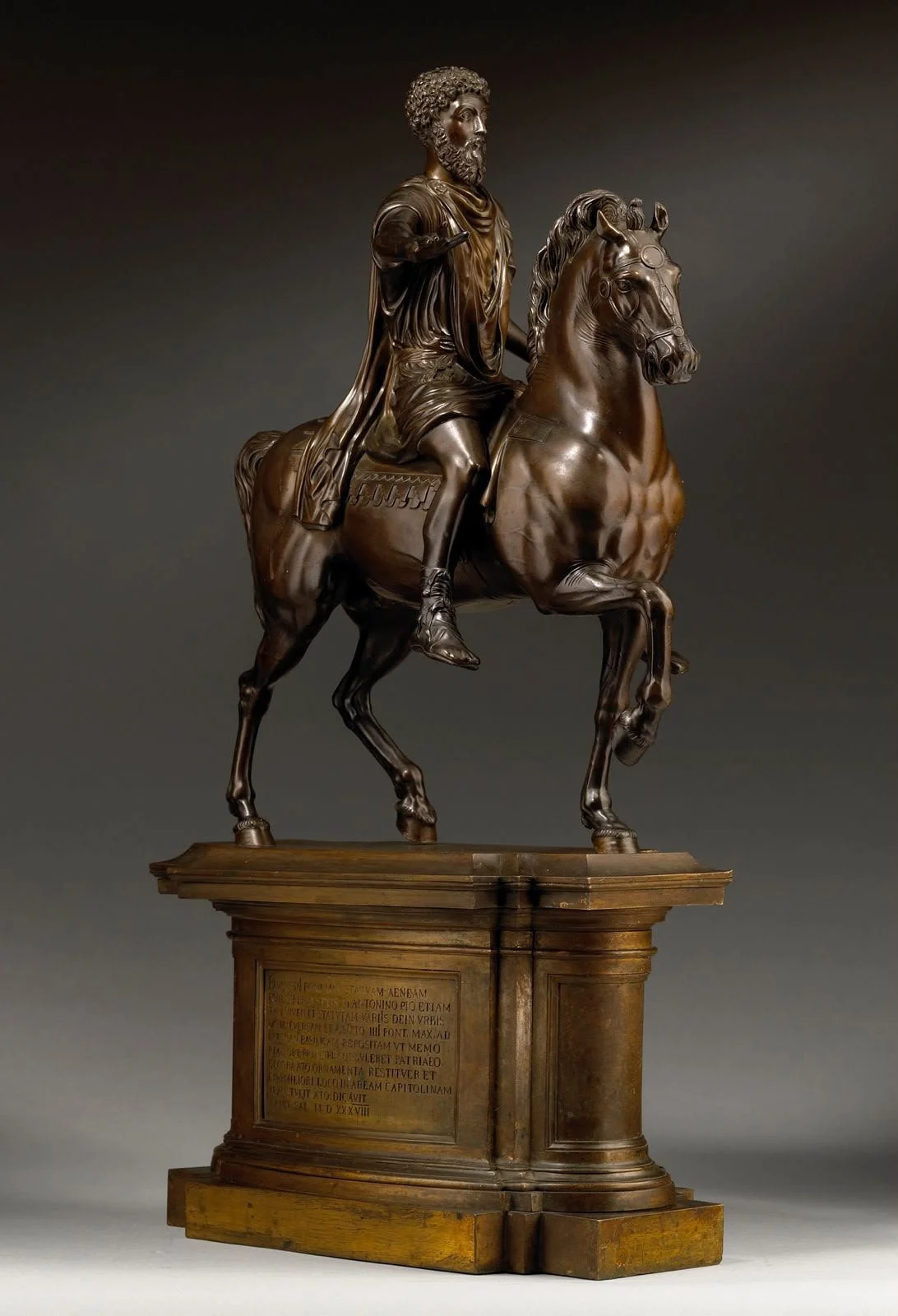 Bronze Marcus Aurelius, three-quarter view with the Paul III dedication panel, Rome 1866 — Daniels Antiques
