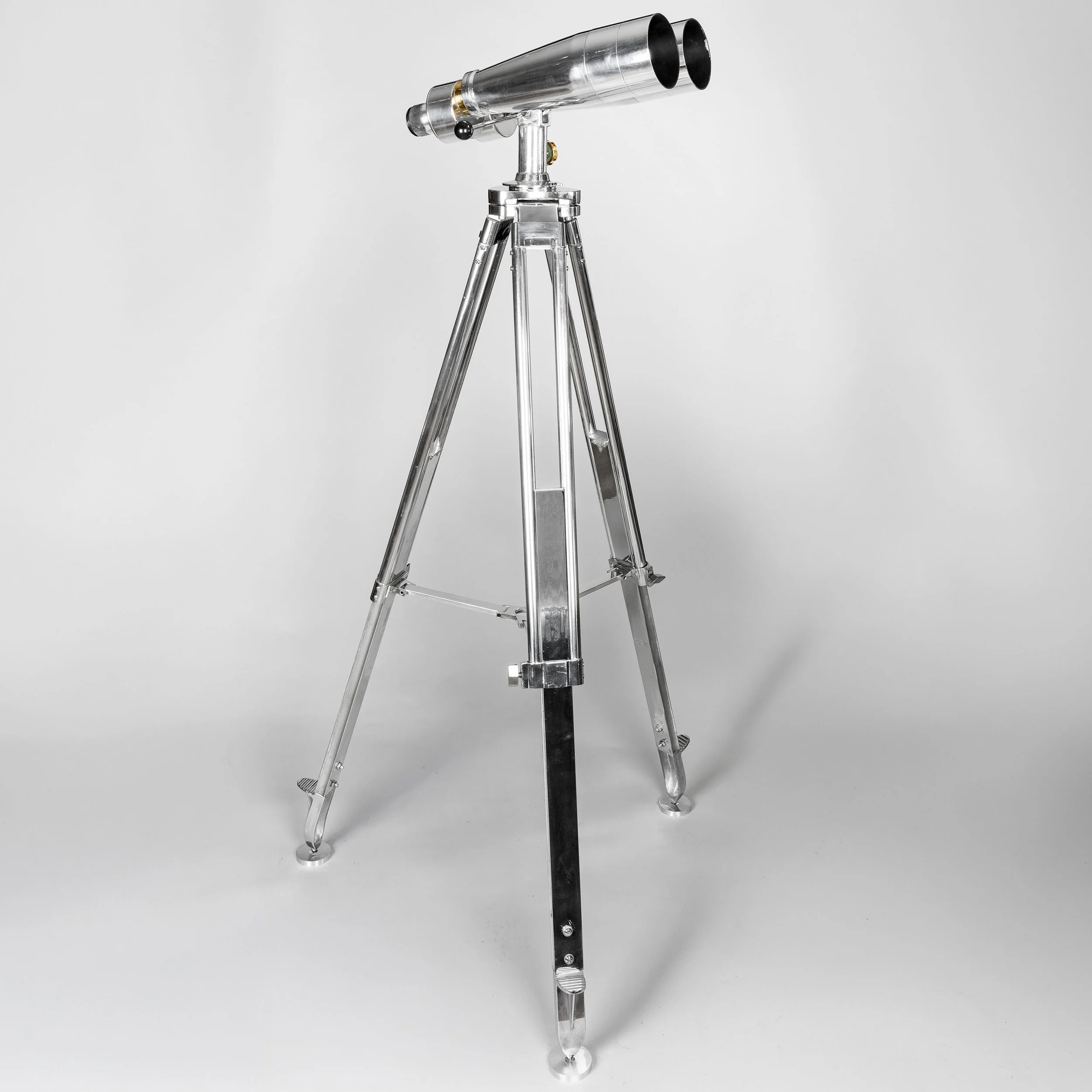 Fuji Meibo 15x80 big eye binoculars on polished metal tripod, full view — Daniels Antiques