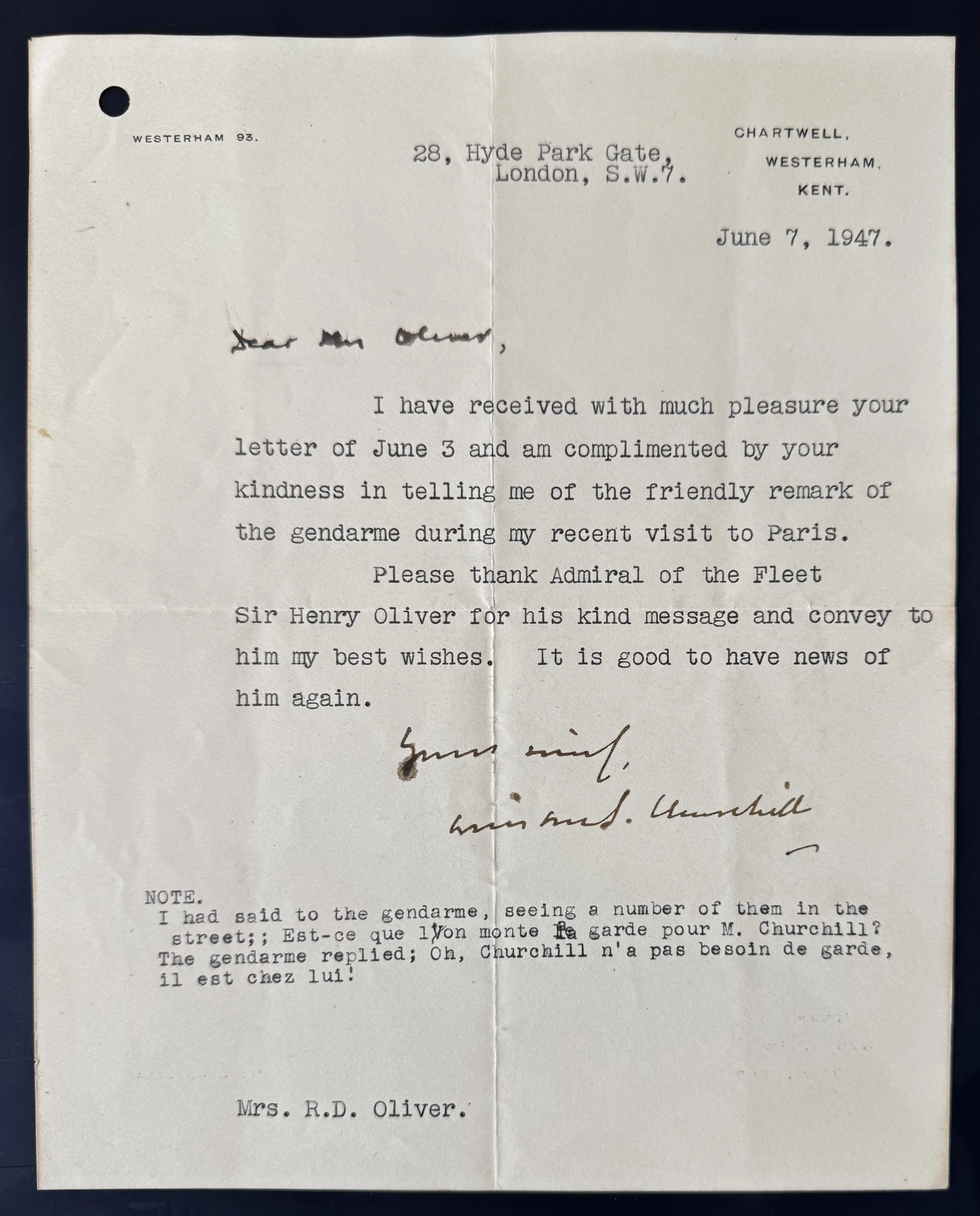 Winston Churchill recounting a warm Parisian welcome, 1947.