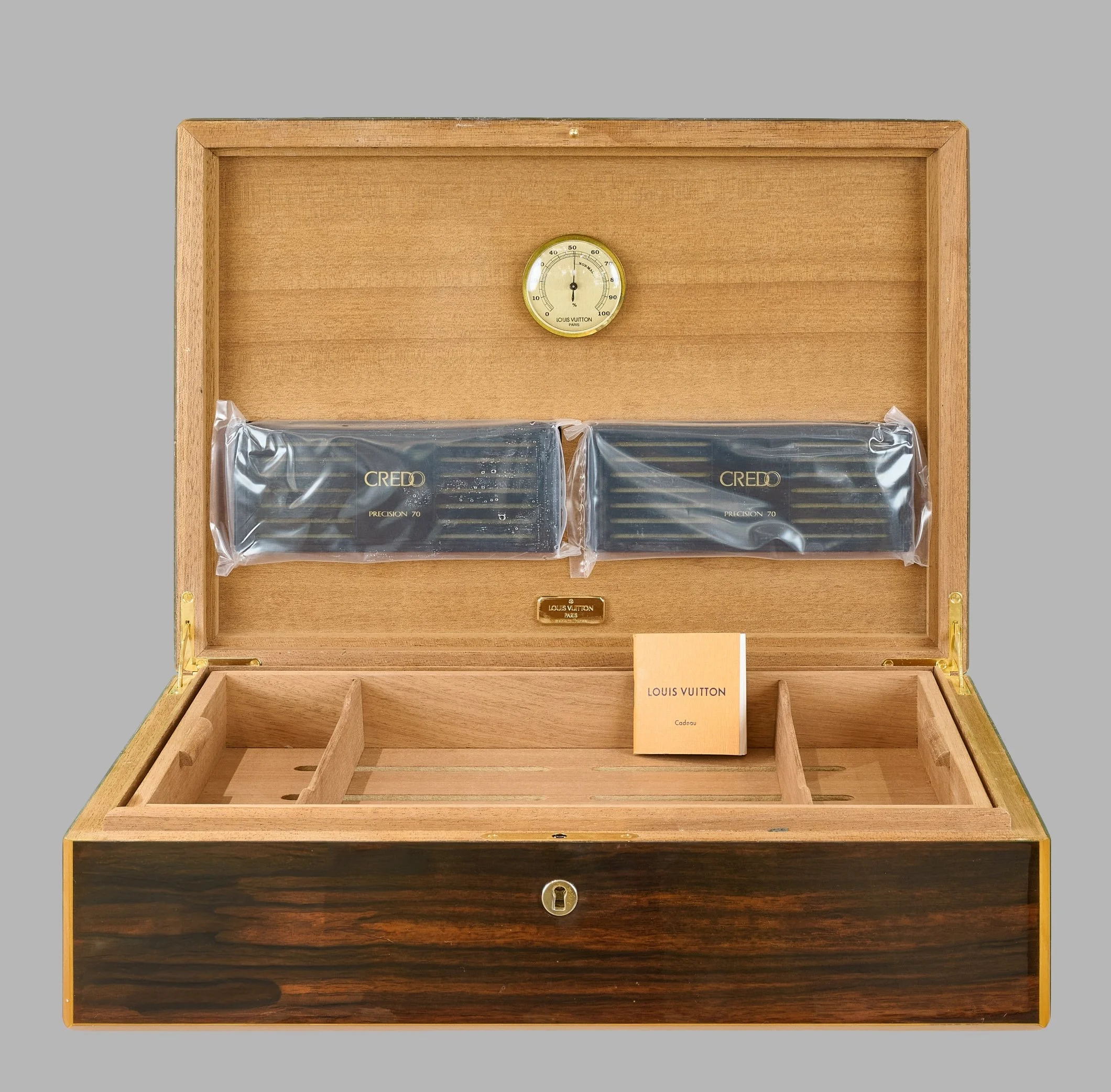 Open Louis Vuitton humidor, cedar lining, hygrometer and Credo humidifiers — Daniels Antiques
