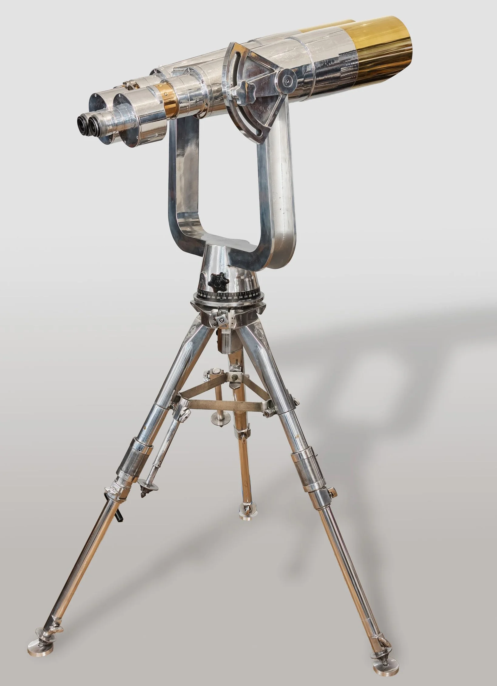 Fuji Meibo 25x150 deck mounted big eye binoculars, naval tripod, side profile — Daniels Antiques