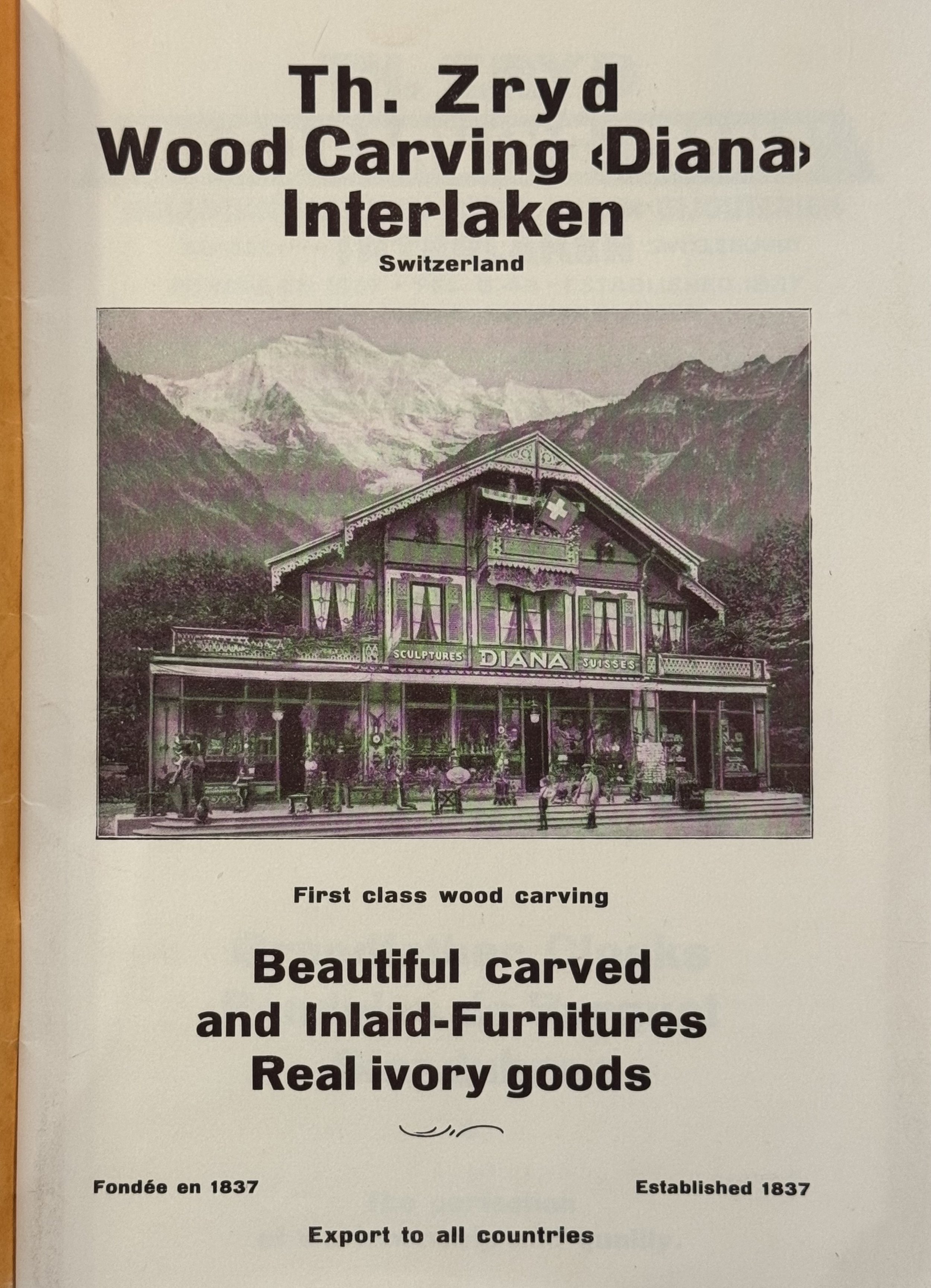 Th. Zryd "Diana" carving galleries, Interlaken, below the Jungfrau, established 1837 — Daniels Antiques