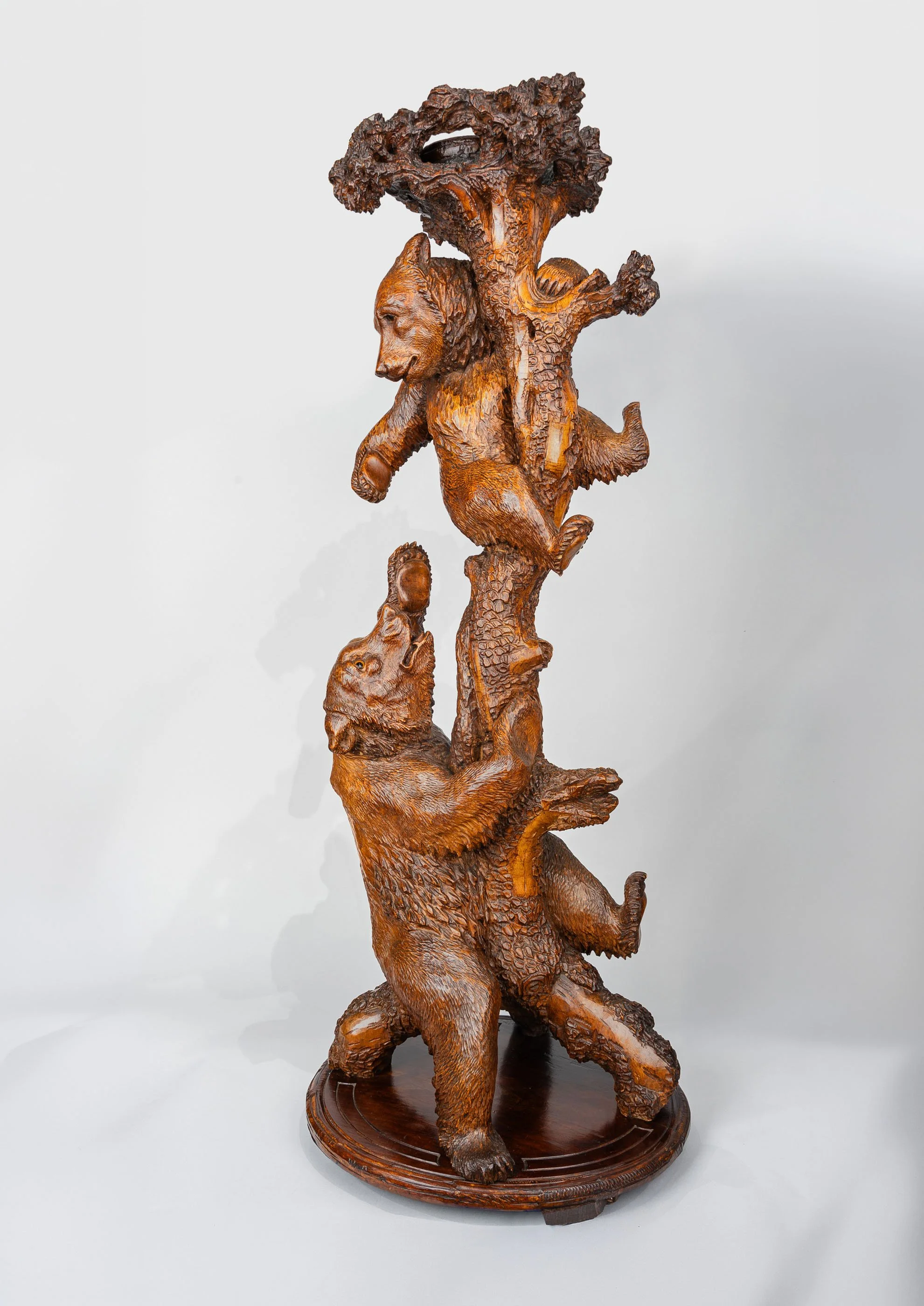 Swiss Black Forest carved linden wood bear jardinière with two bears at a tree, circa 1870 — Daniels Antiques