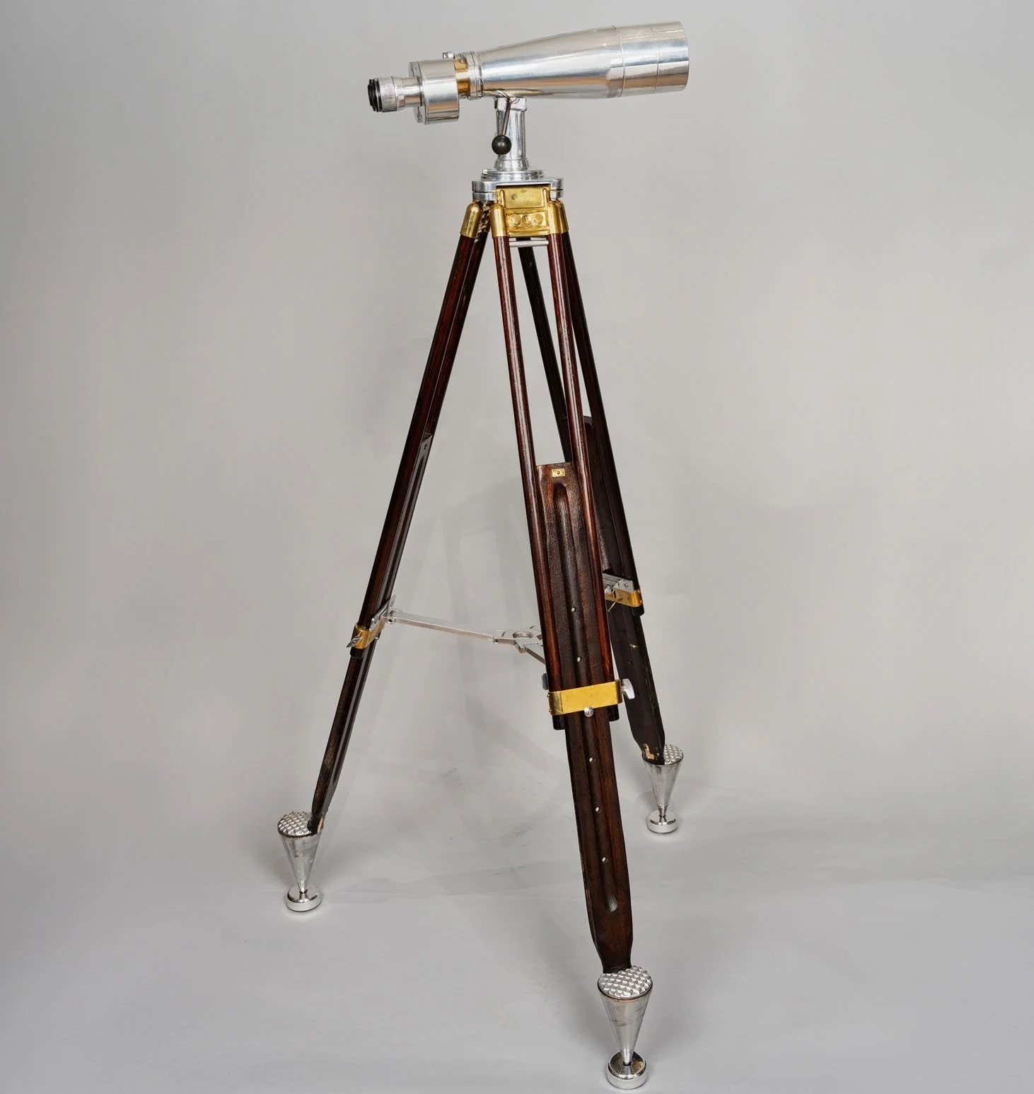 Fuji Meibo 15×80 big eye binoculars on extending hardwood tripod with brass fittings, three-quarter view