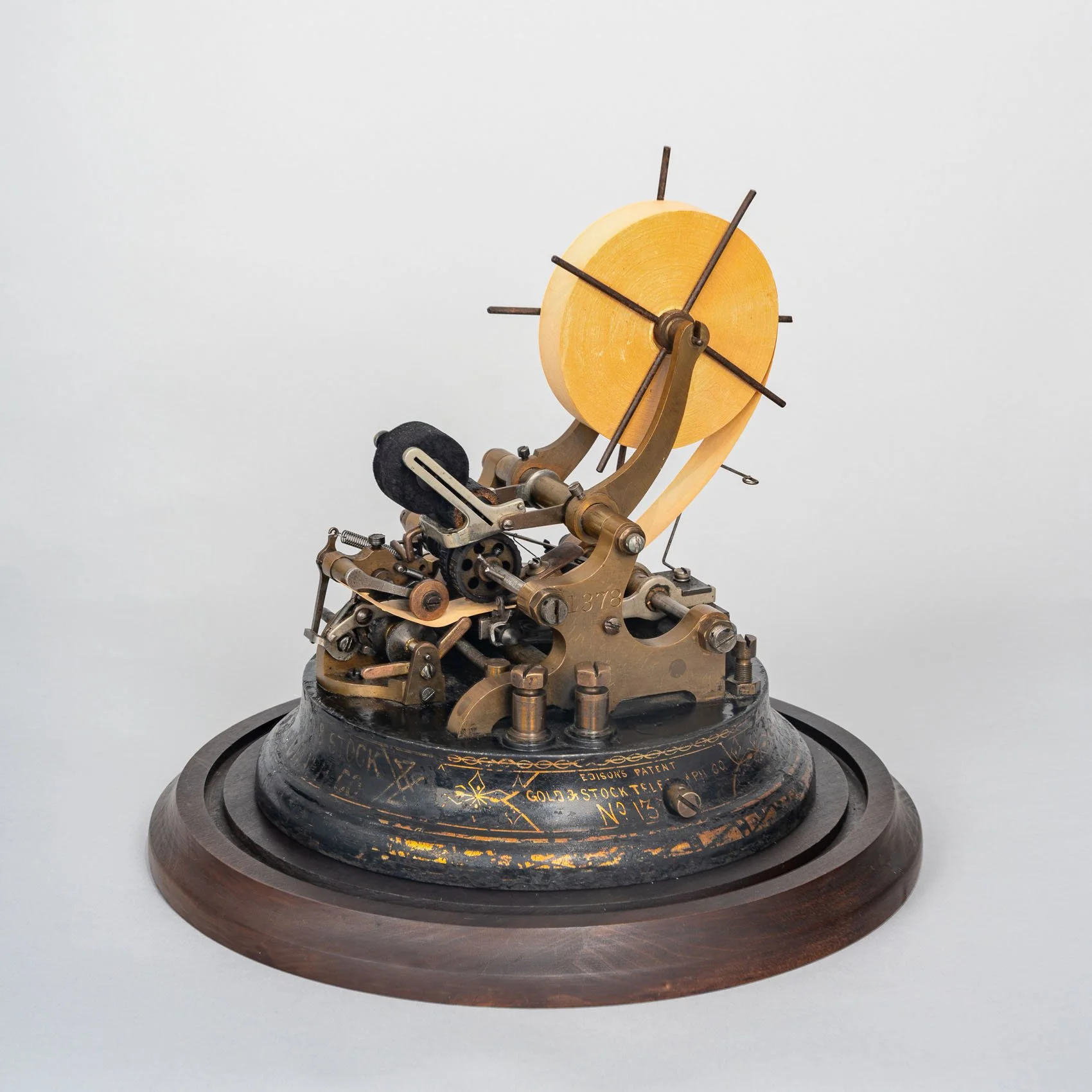 Brass mechanism detail, Gold & Stock Telegraph Company stock ticker by T.A. Edison 1870s