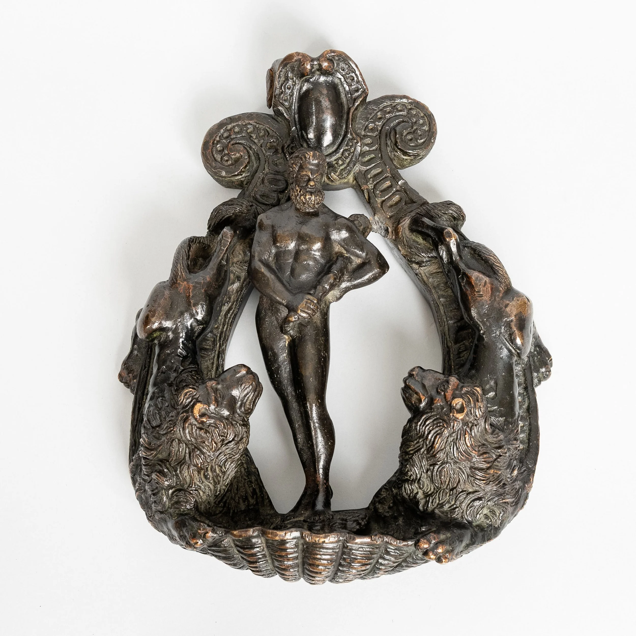A Venetian Bronze Door Knocker with Hercules and Two Lions, Based on a Model by Tiziano Aspetti. Veneto, circa 1590–1600